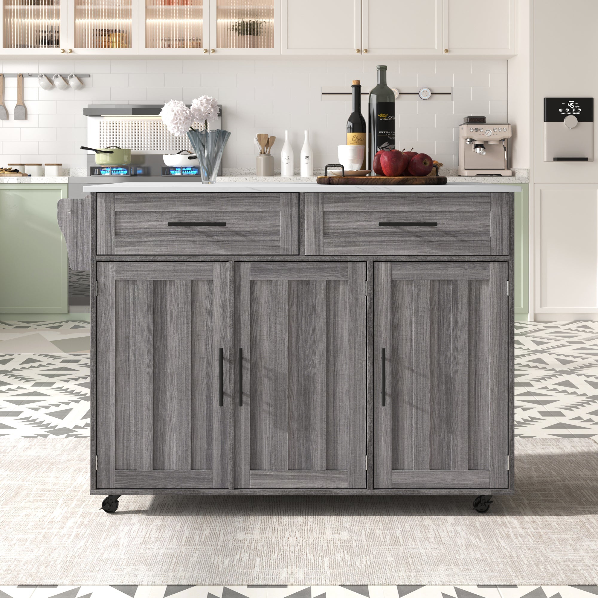 Logidon Kitchen Island with Wheels Extendable Worktop White Marble