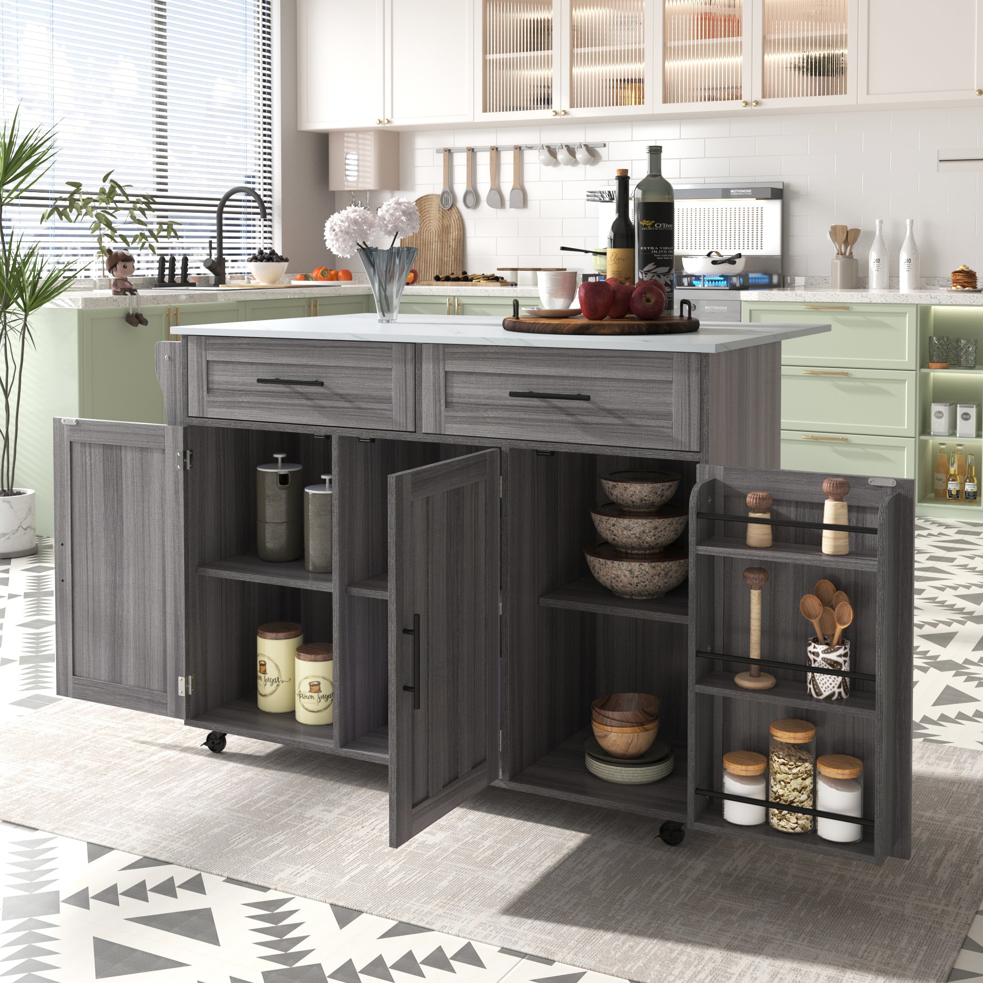 Logidon Kitchen Island with Wheels Extendable Worktop White Marble