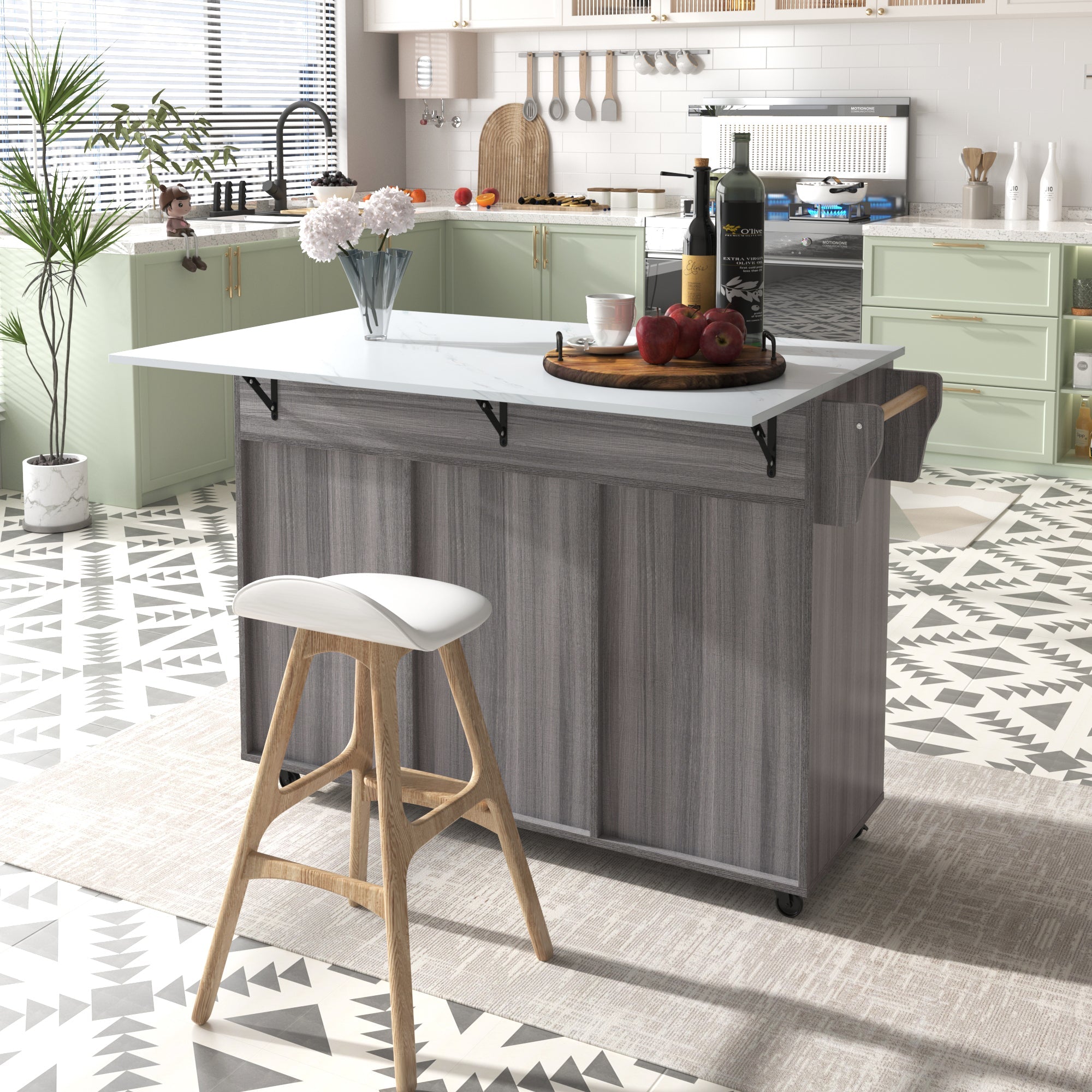 Logidon Kitchen Island with Wheels Extendable Worktop White Marble