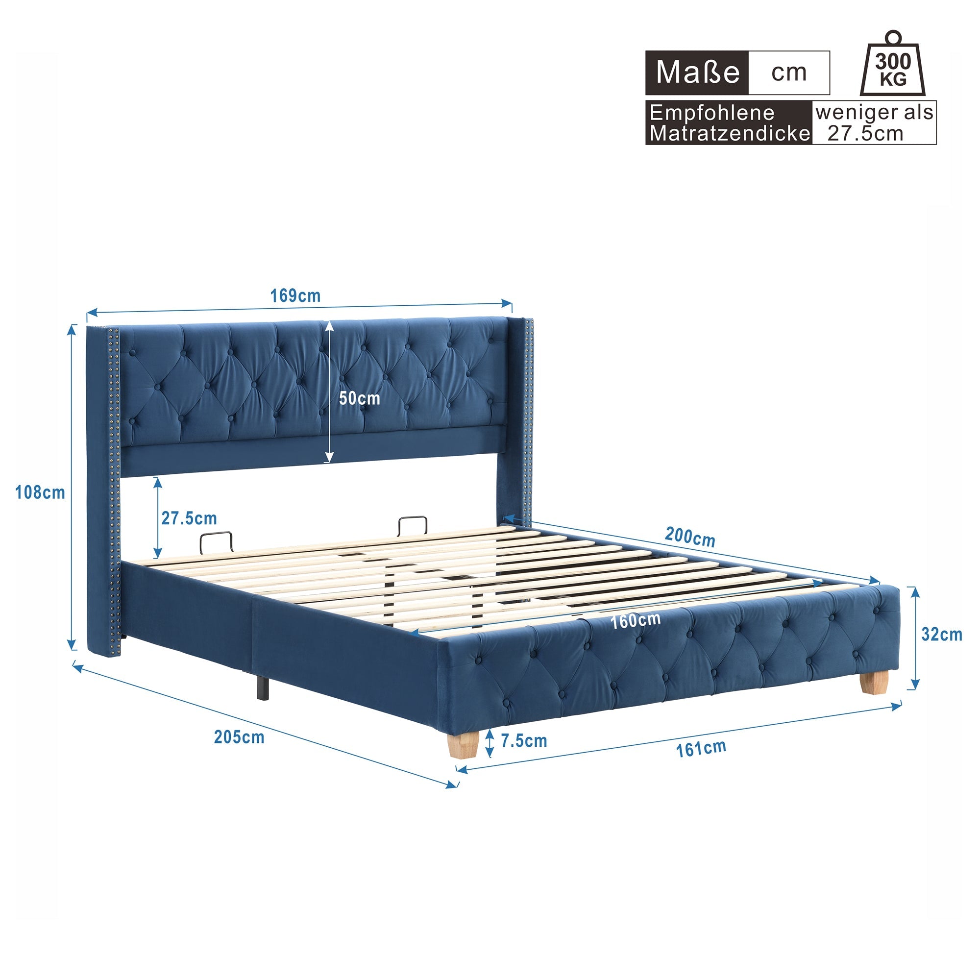 Logidon gestoffeerd bed 160x200 cm blauw fluwelen knoopbekleding lattenbodem
