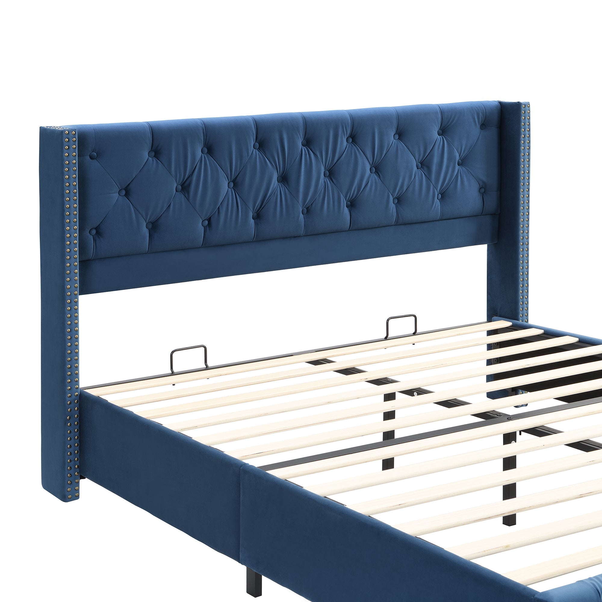 Logidon upholstered bed 160x200 cm blue velvet button upholstery slatted frame