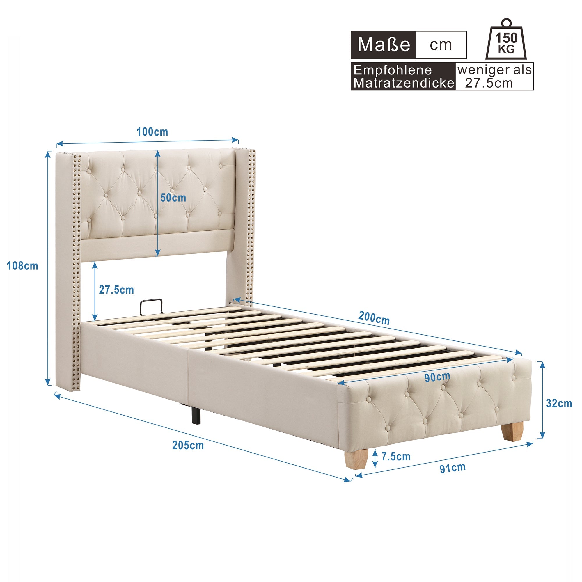 Logidon gestoffeerd bed 90x200 cm beige met knoopbekleding