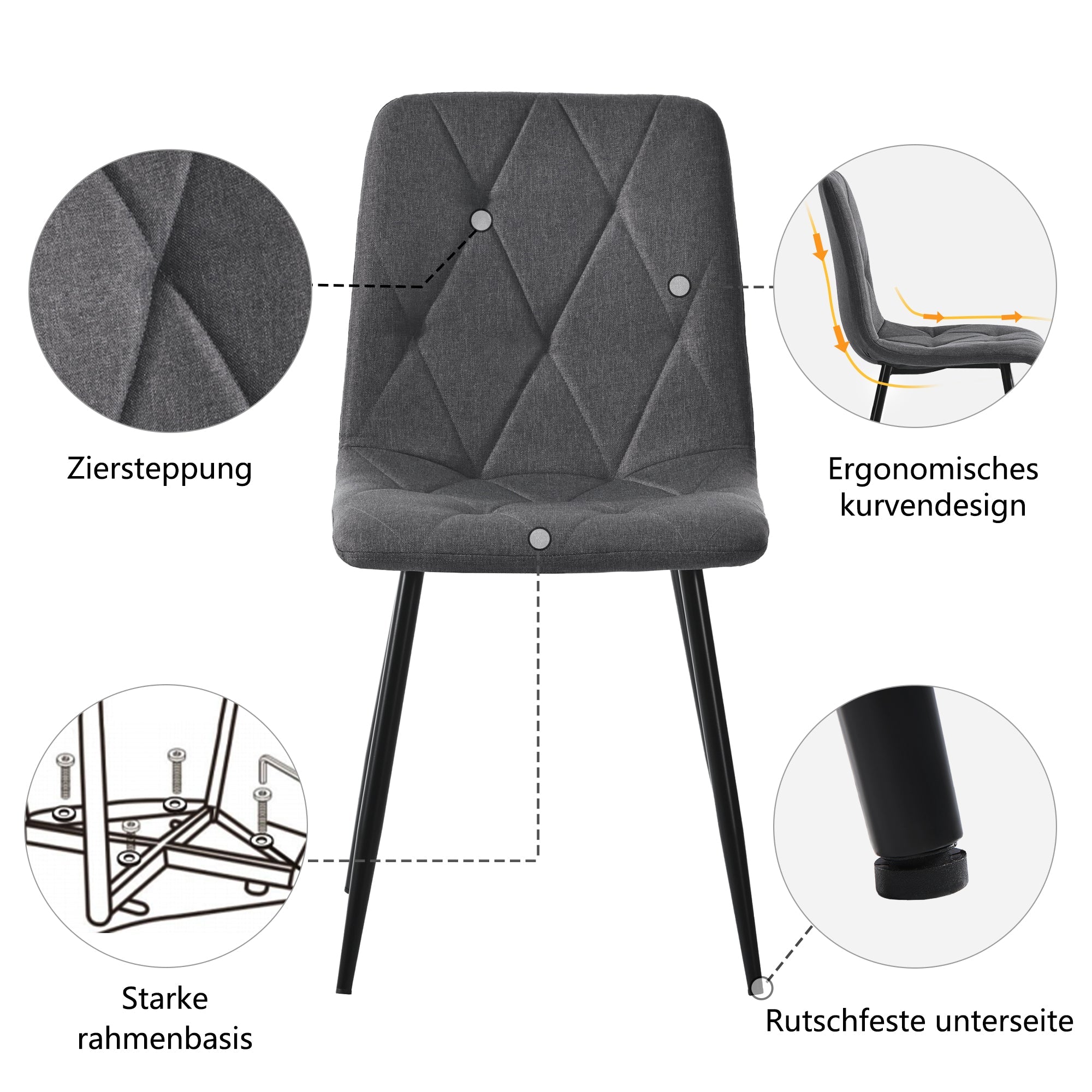 Logidon Dining Table Set 117 x 68 cm Dark Gray Twill Chairs Black Legs