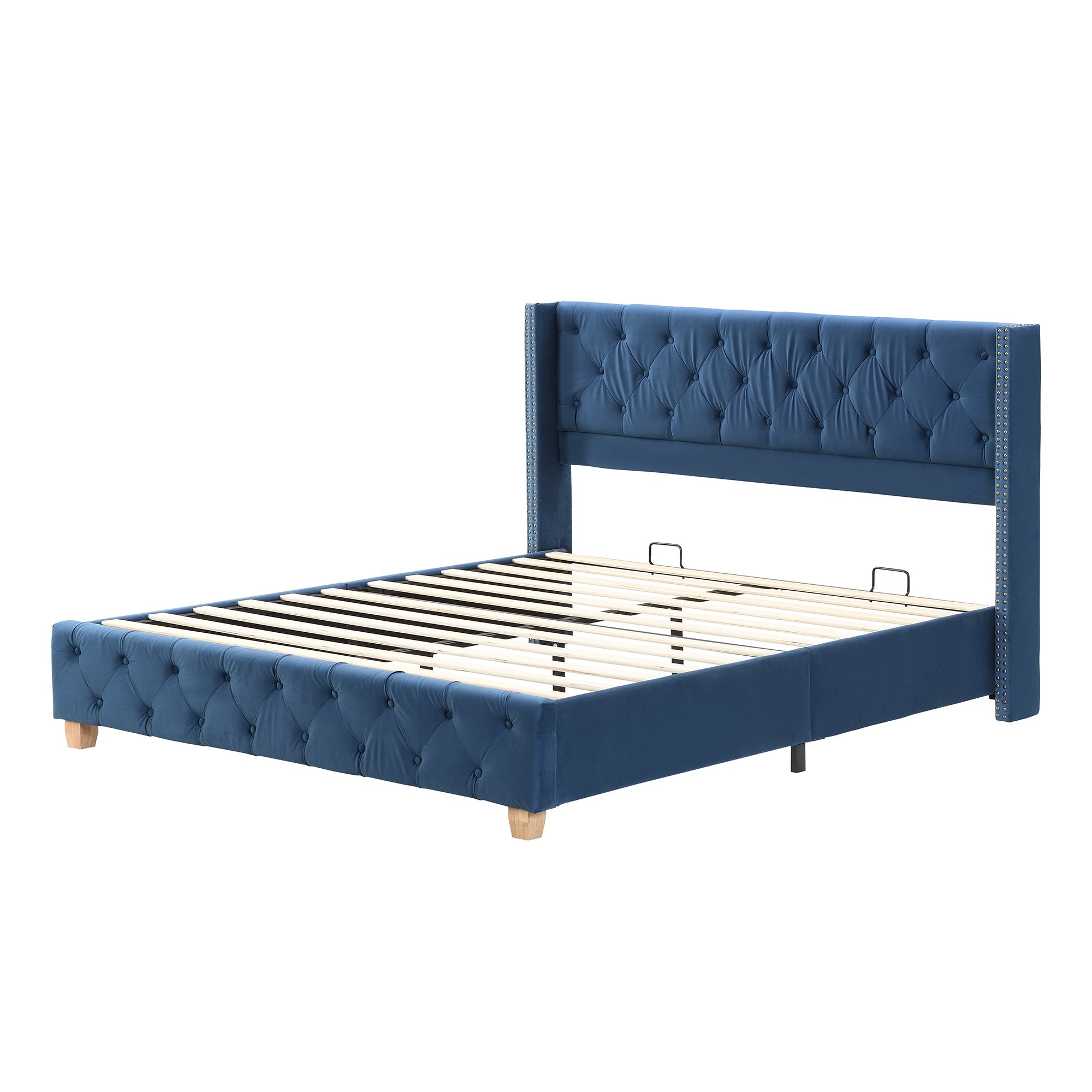 Logidon upholstered bed 160x200 cm blue velvet button upholstery slatted frame