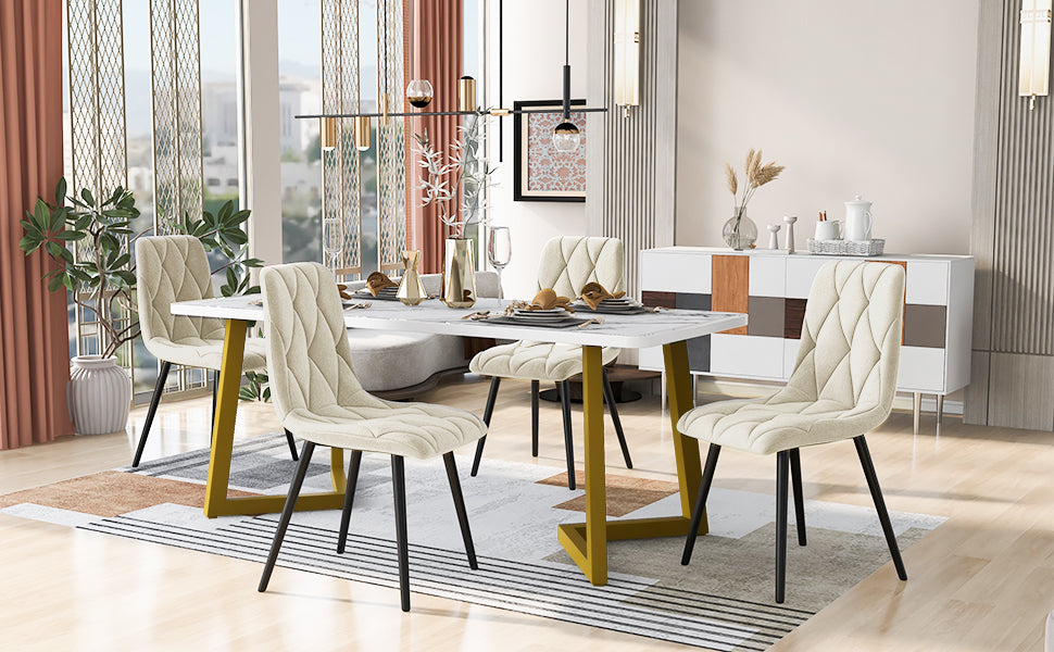 Logidon eetgroep 117x68 cm eettafelset beige twill fluwelen stoelen gouden poten