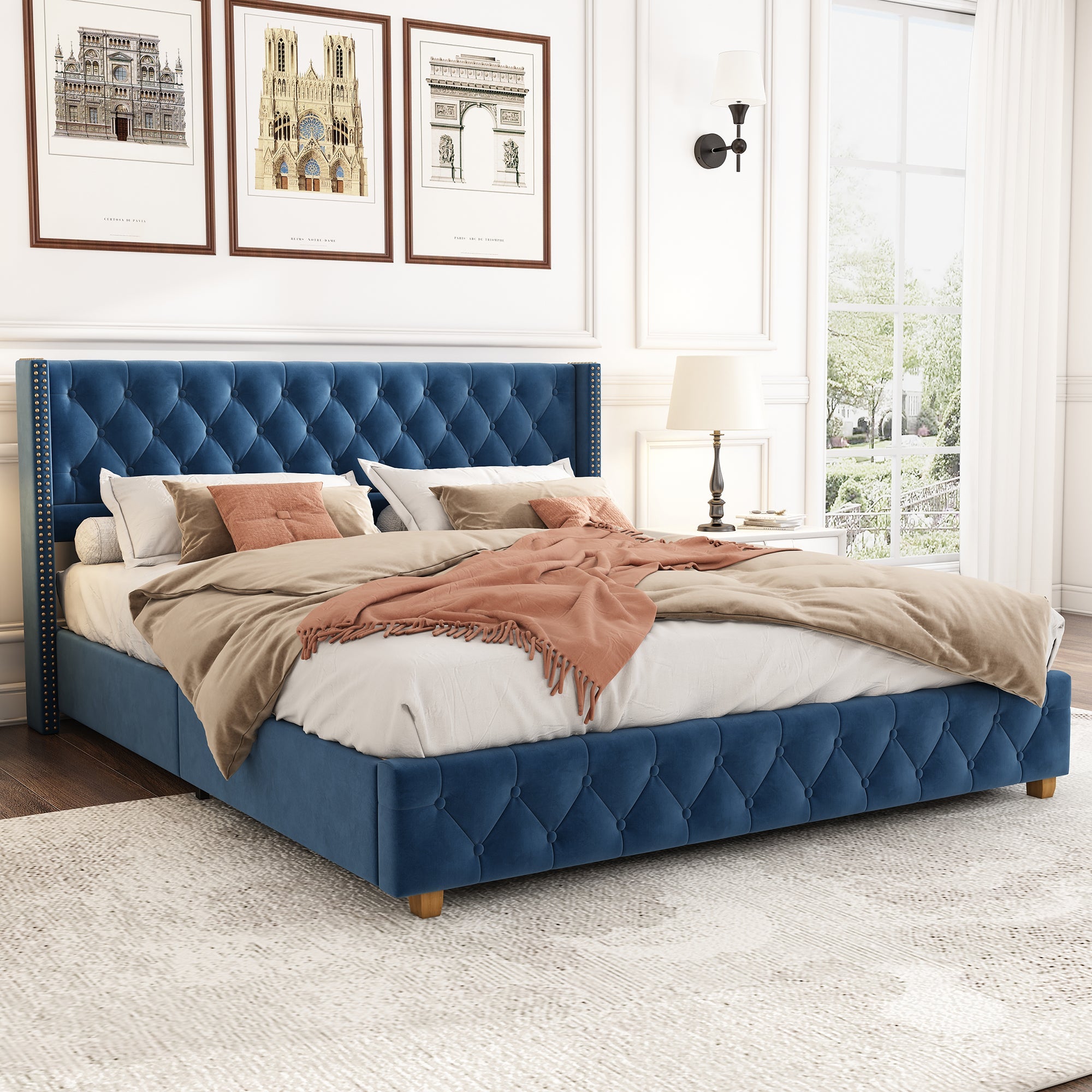 Logidon upholstered bed 160x200 cm blue velvet button upholstery slatted frame