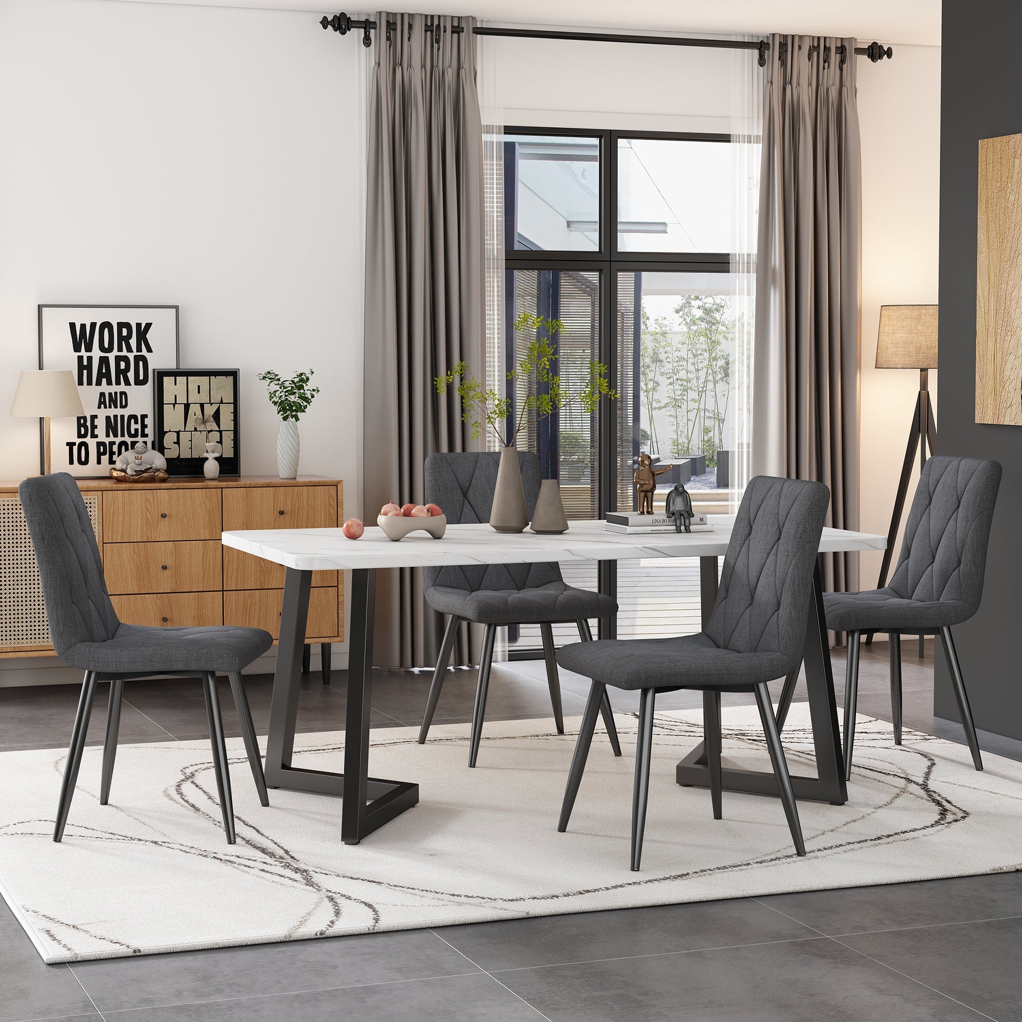 Logidon Dining Table Set 117 x 68 cm Dark Gray Twill Chairs Black Legs