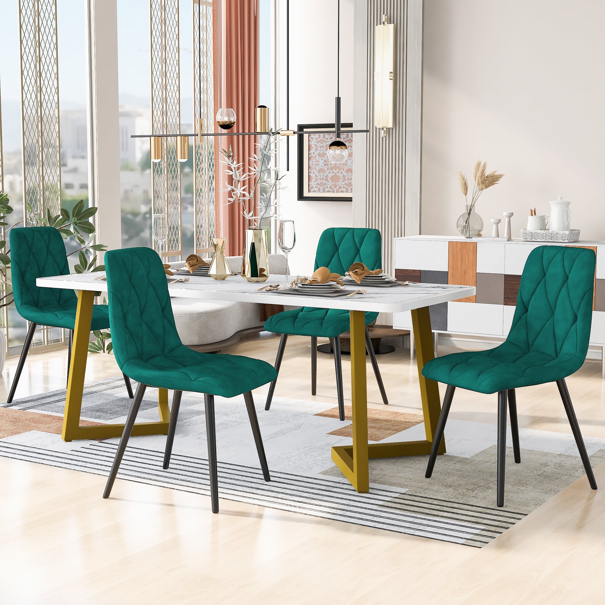 Logidon eetgroep 117x68 cm met donkergroene fluwelen stoelen en gouden tafelpoten