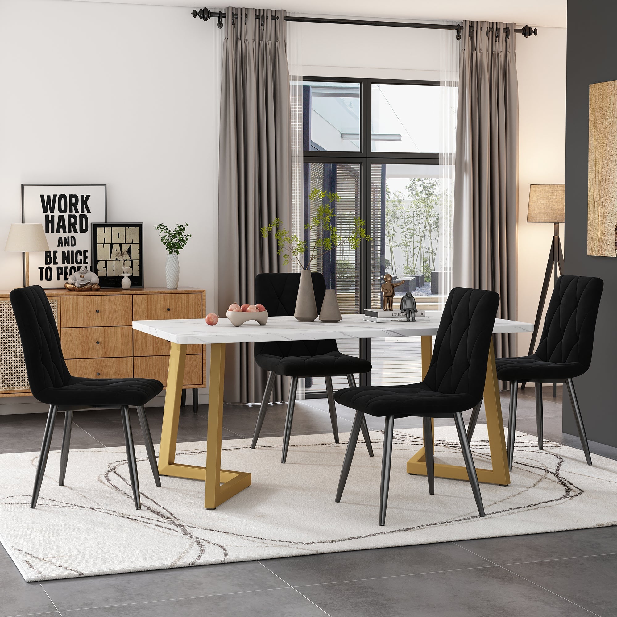 Logidon eetgroep 117x68 cm met 4 zwart fluwelen stoelen en gouden poten