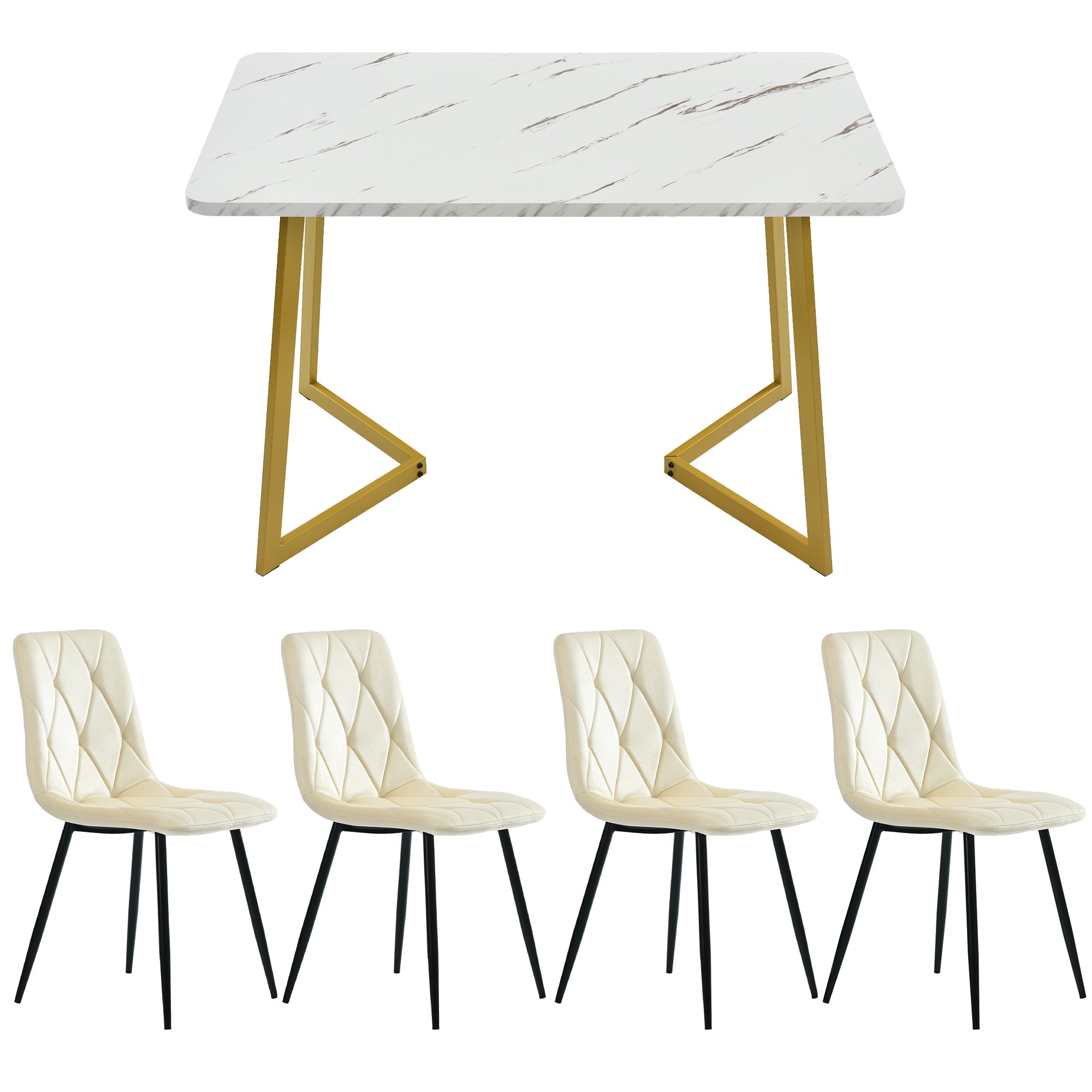Logidon eetgroep 117x68 cm eettafelset beige twill fluwelen stoelen gouden poten