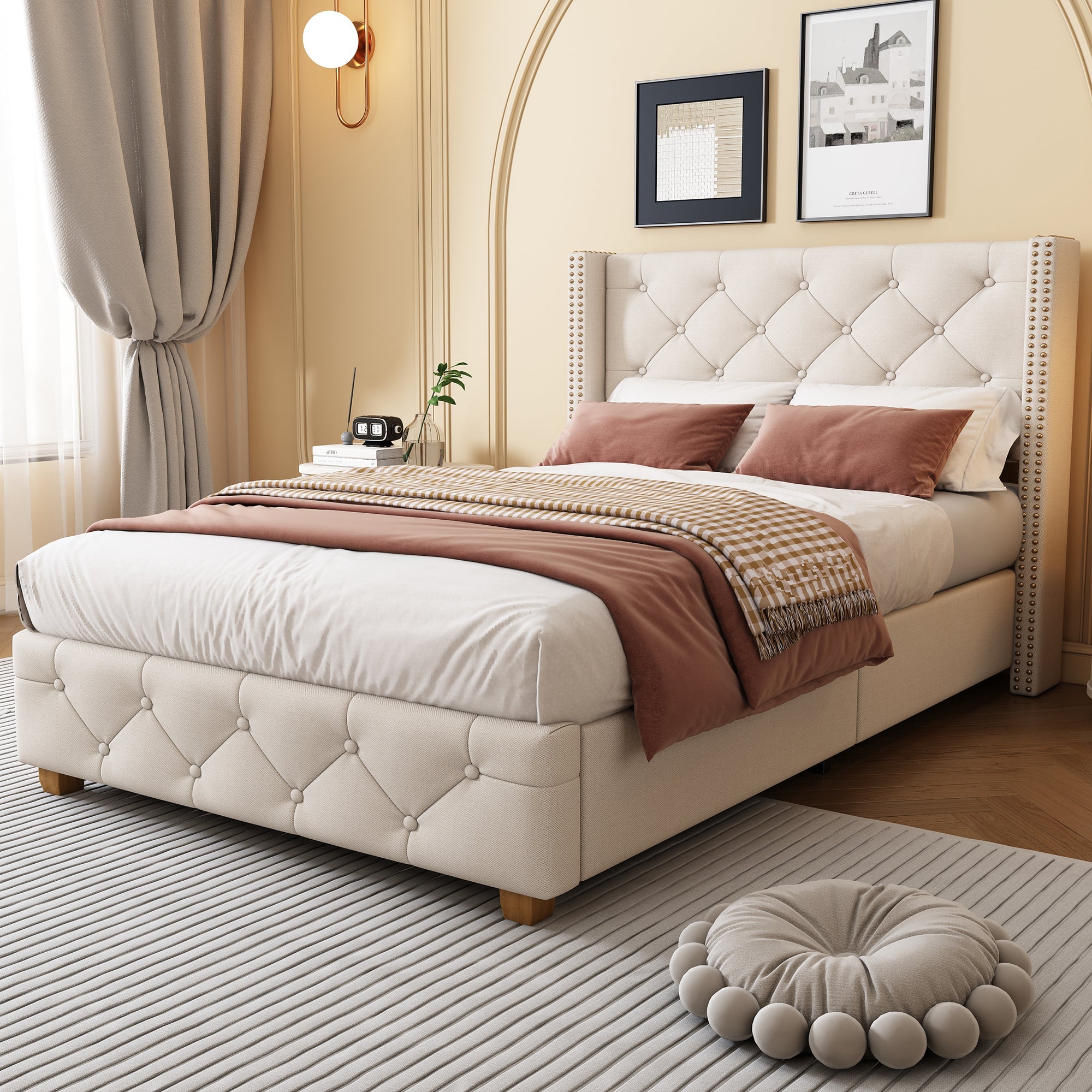 Logidon upholstered bed 90x200 cm beige with button upholstery