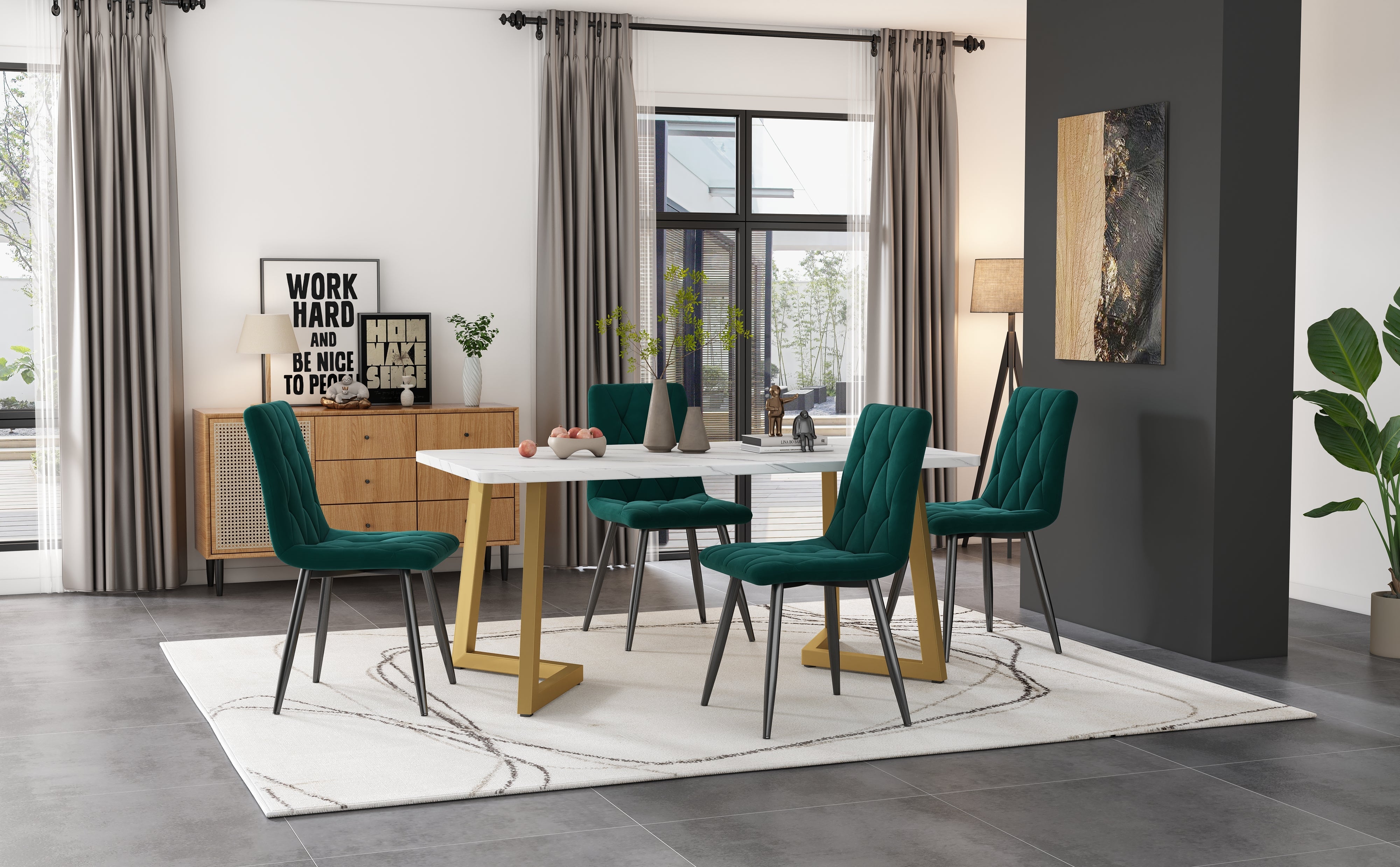 Logidon eetgroep 117x68 cm met donkergroene fluwelen stoelen en gouden tafelpoten