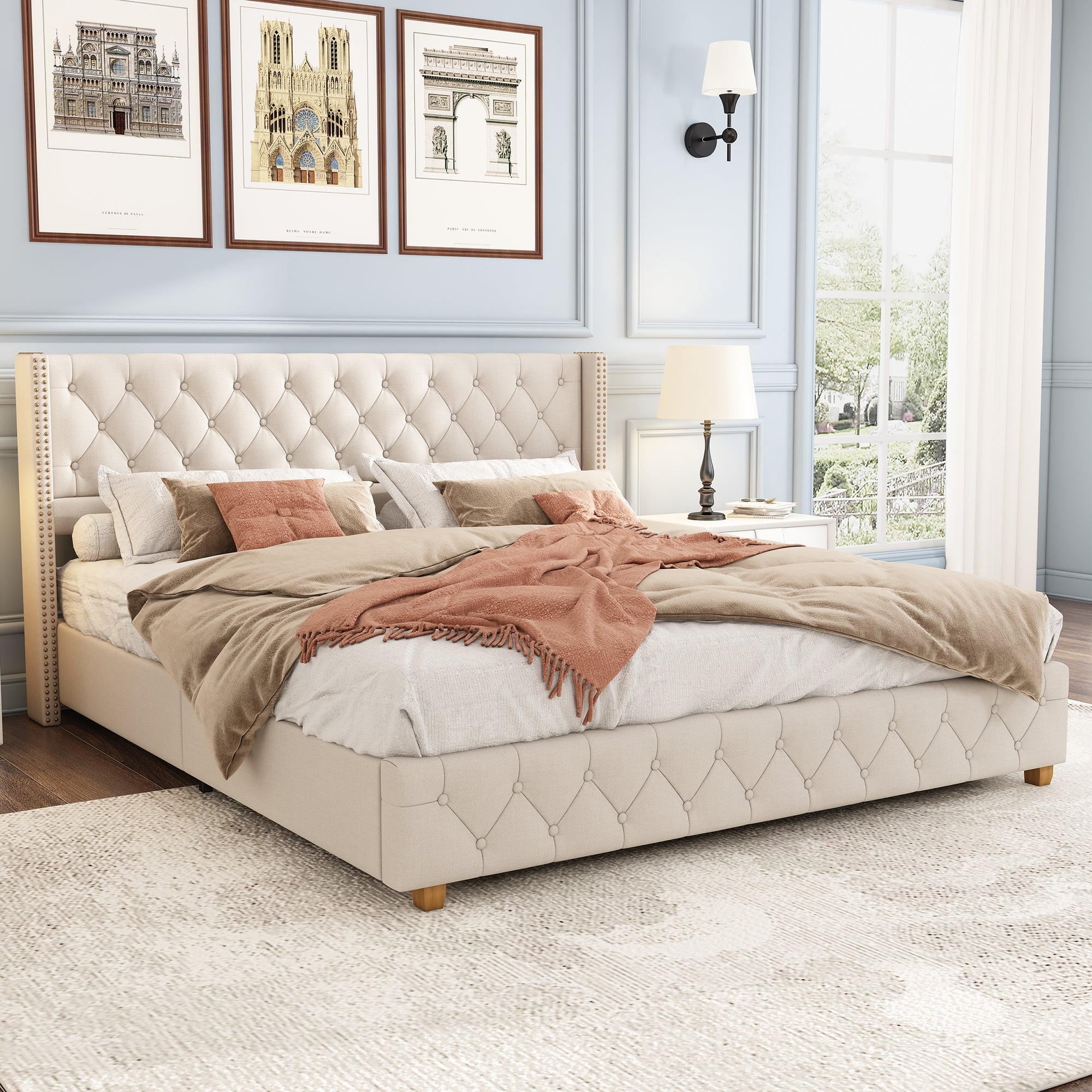 Logidon gestoffeerd bed 160x200cm beige met lattenbodem knoopbekleding