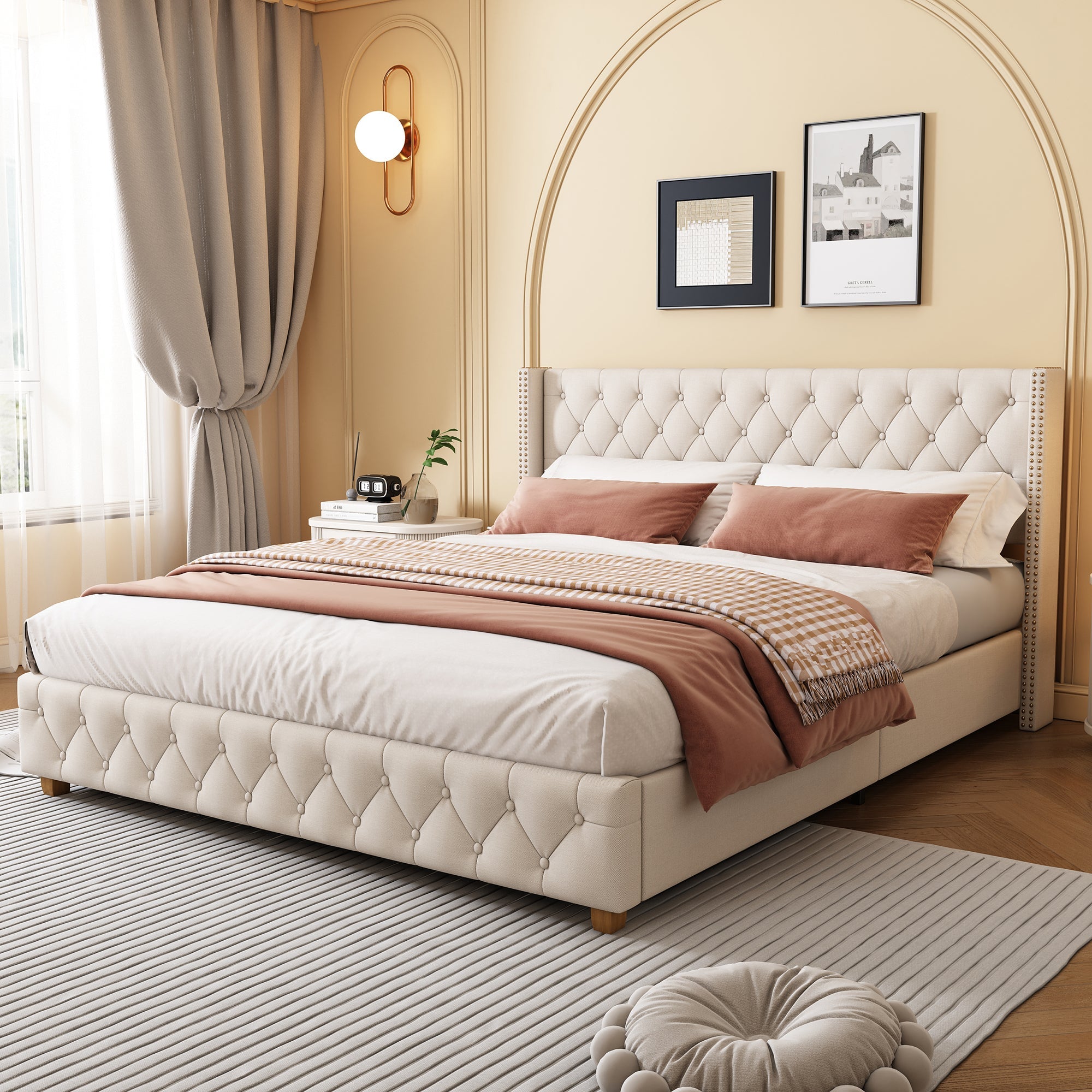 Logidon stoffen bed 140x190 cm beige met lattenbodem hoofdeinde