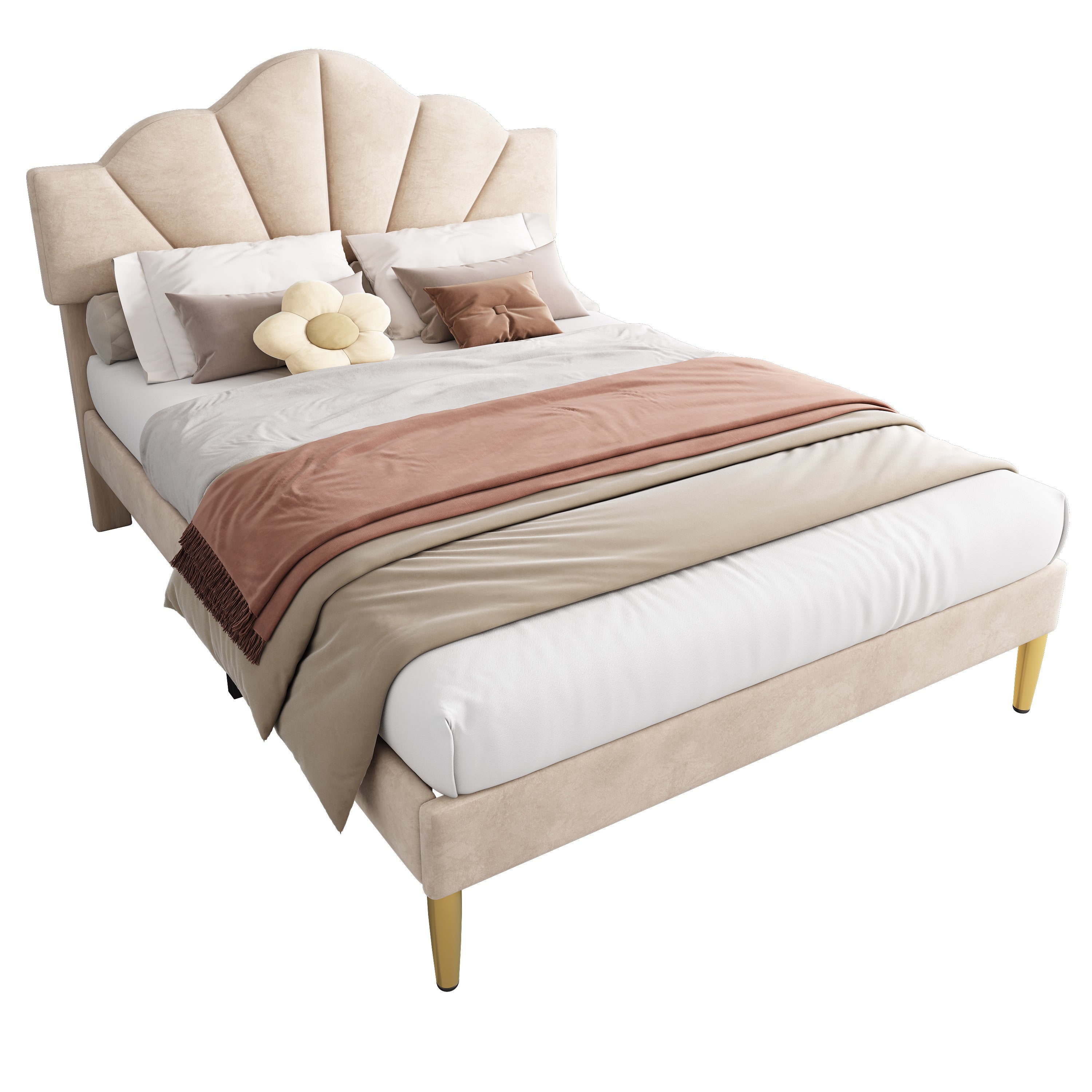 Logidon fluweel gestoffeerd bed 140x200 cm schaalontwerp goudpootjes beige