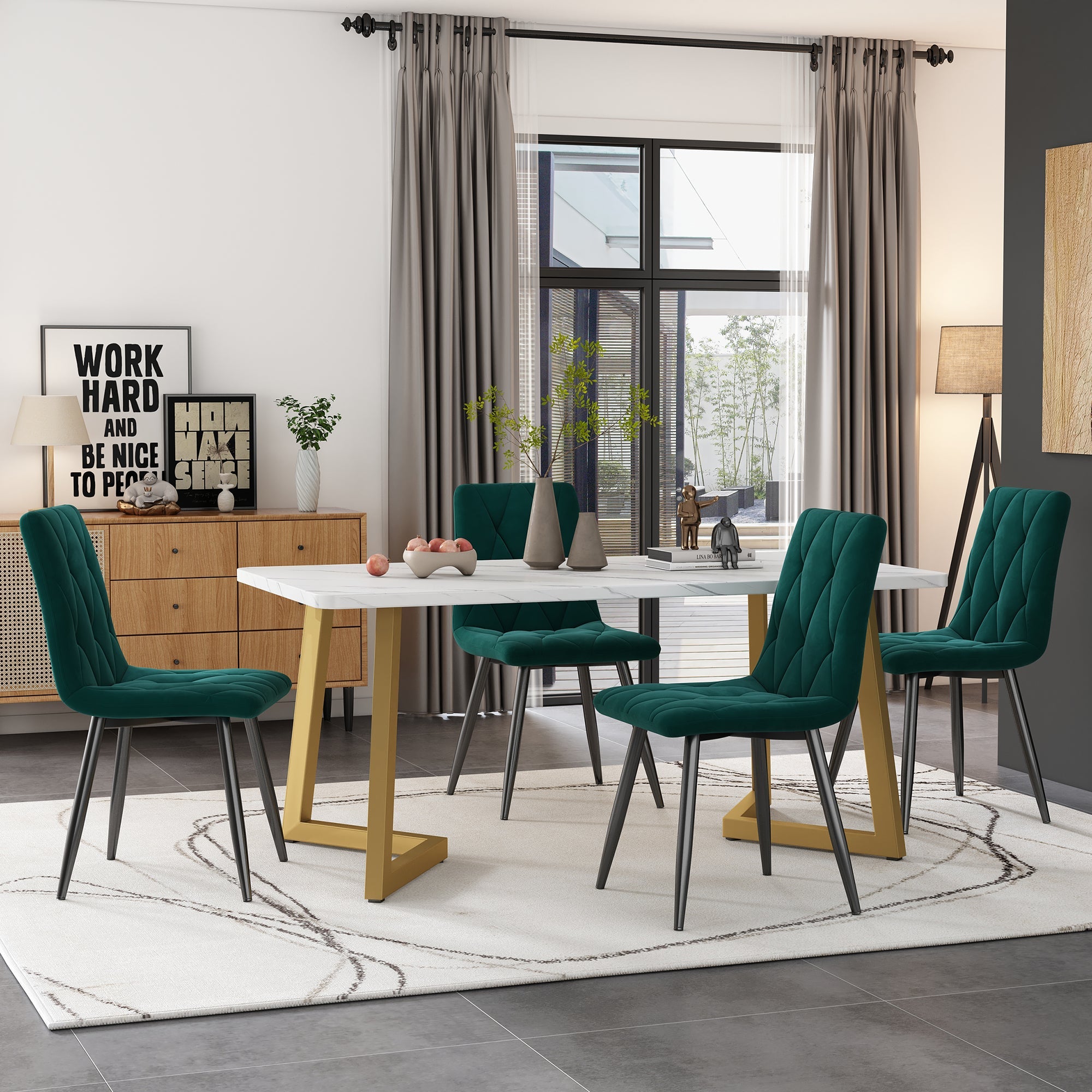 Logidon eetgroep 117x68 cm met donkergroene fluwelen stoelen en gouden tafelpoten