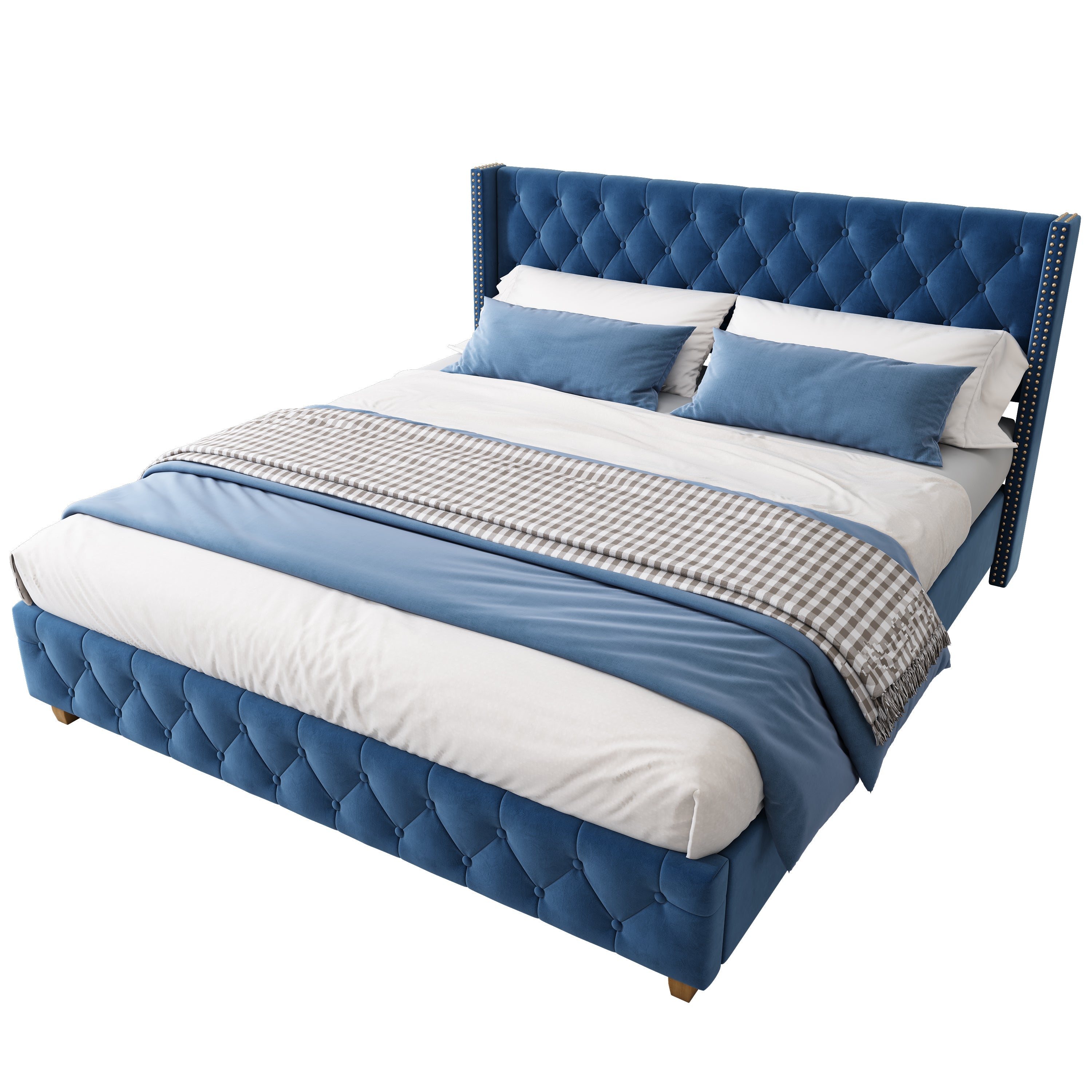 Logidon gestoffeerd bed 160x200 cm blauw fluwelen knoopbekleding lattenbodem