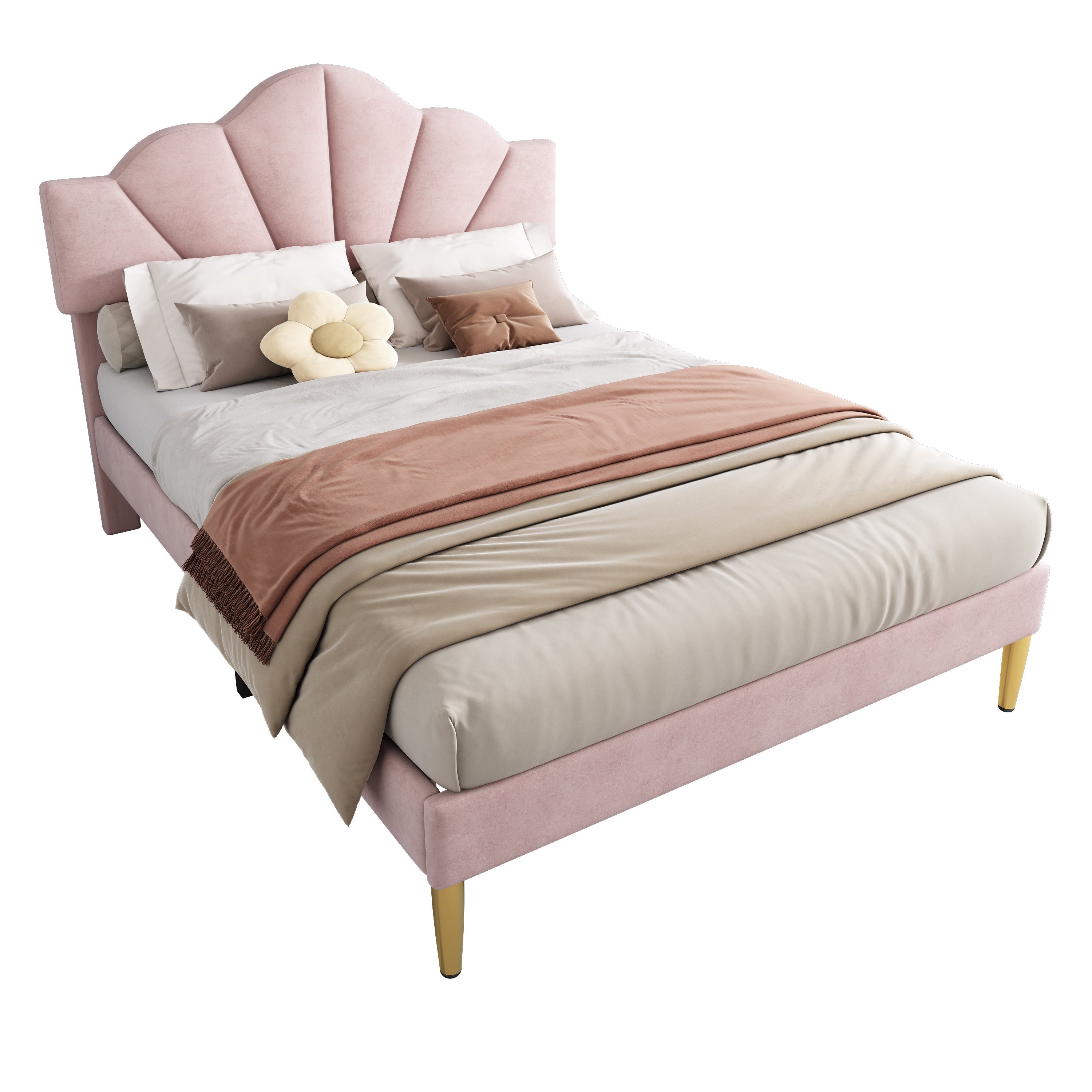Logidon fluweel gestoffeerd bed roze 140x200 cm met schelpvormig hoofdbord