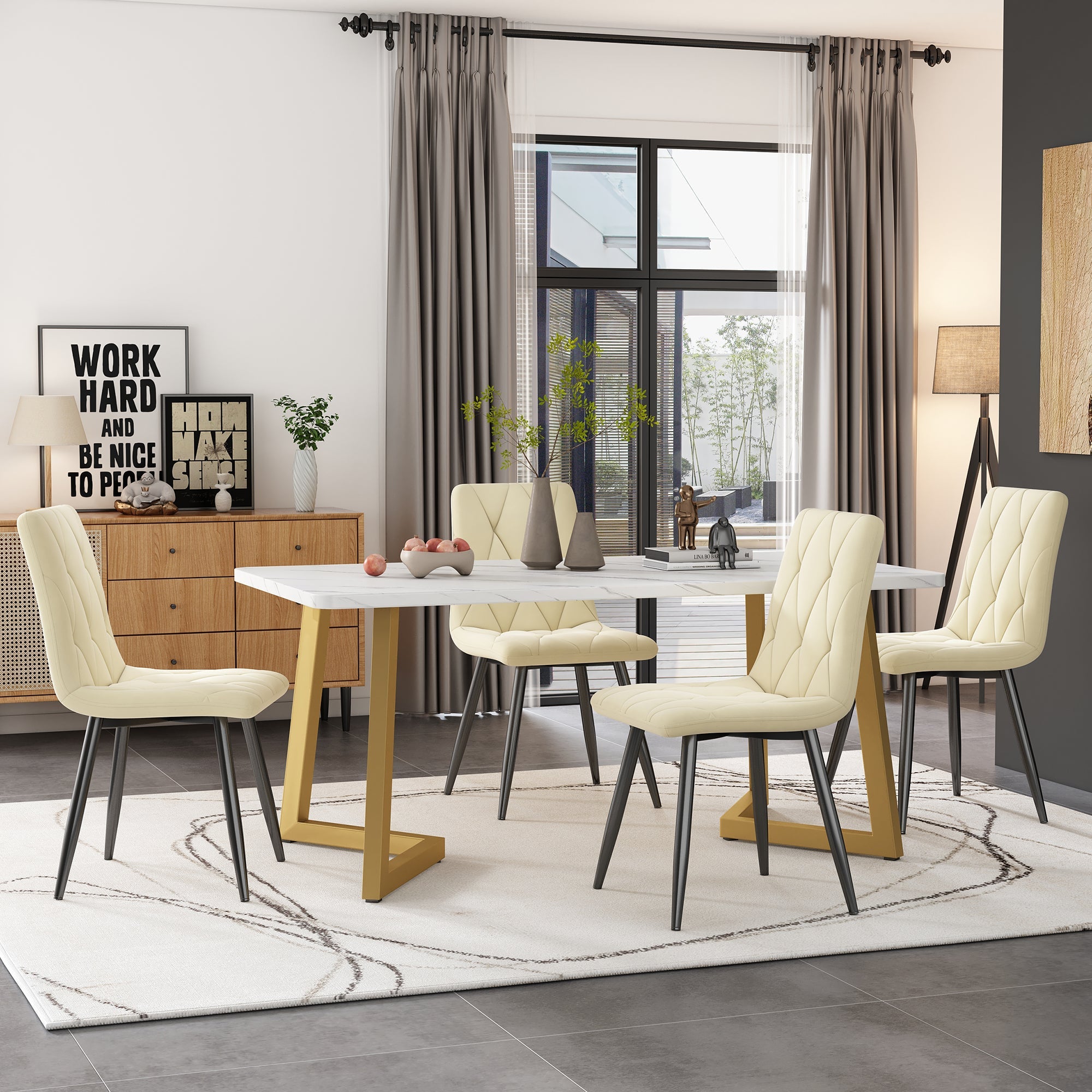 Logidon eetgroep 117x68 cm eettafelset beige twill fluwelen stoelen gouden poten
