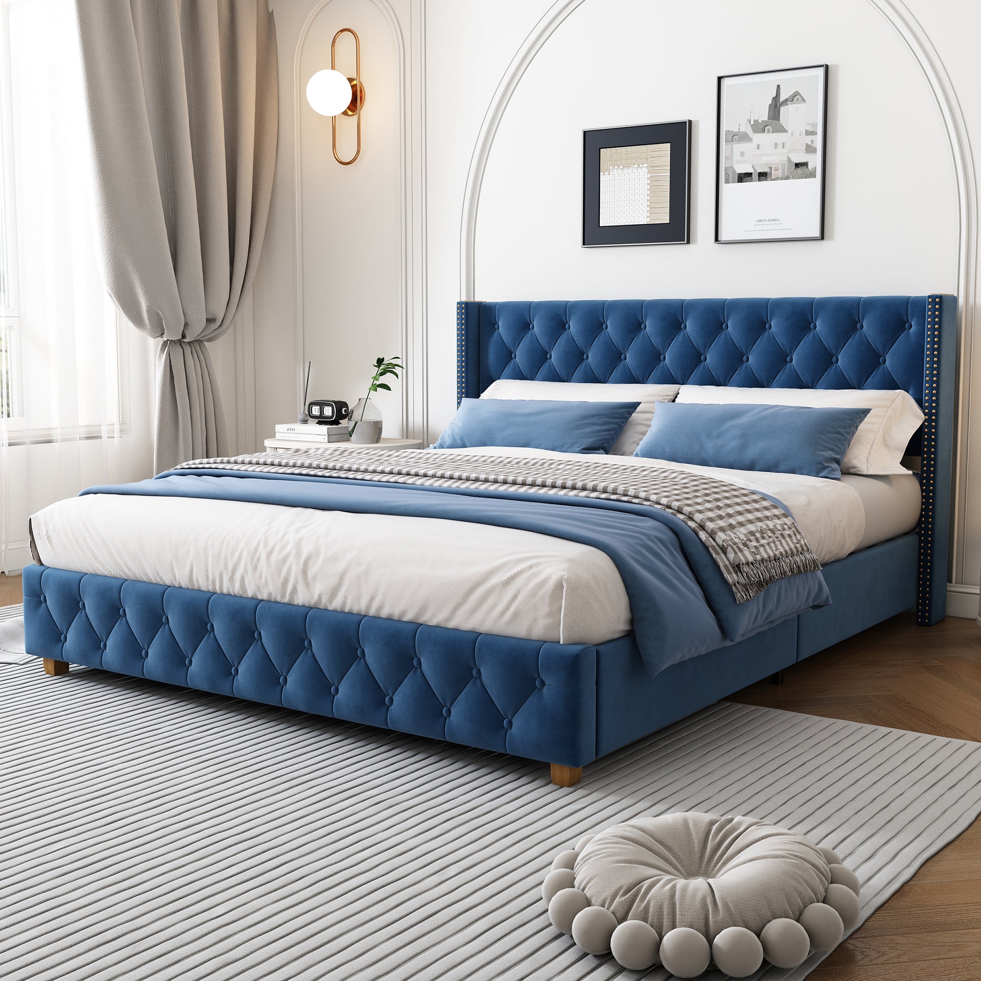 Logidon upholstered bed 160x200 cm blue velvet button upholstery slatted frame