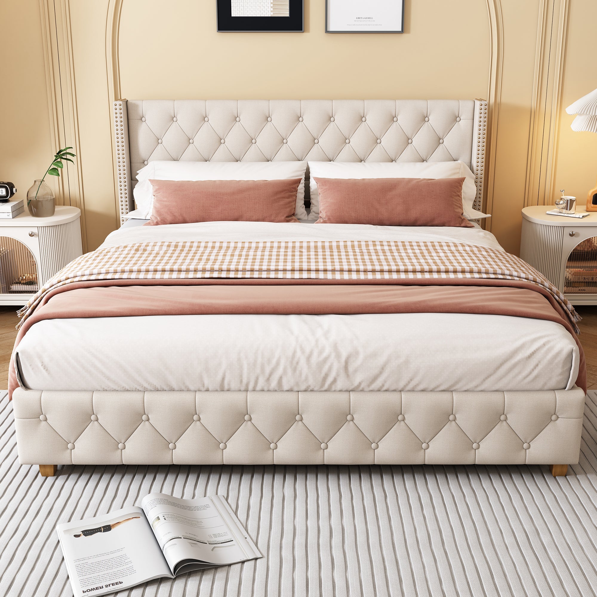 Logidon gestoffeerd bed 160x200cm beige met lattenbodem knoopbekleding