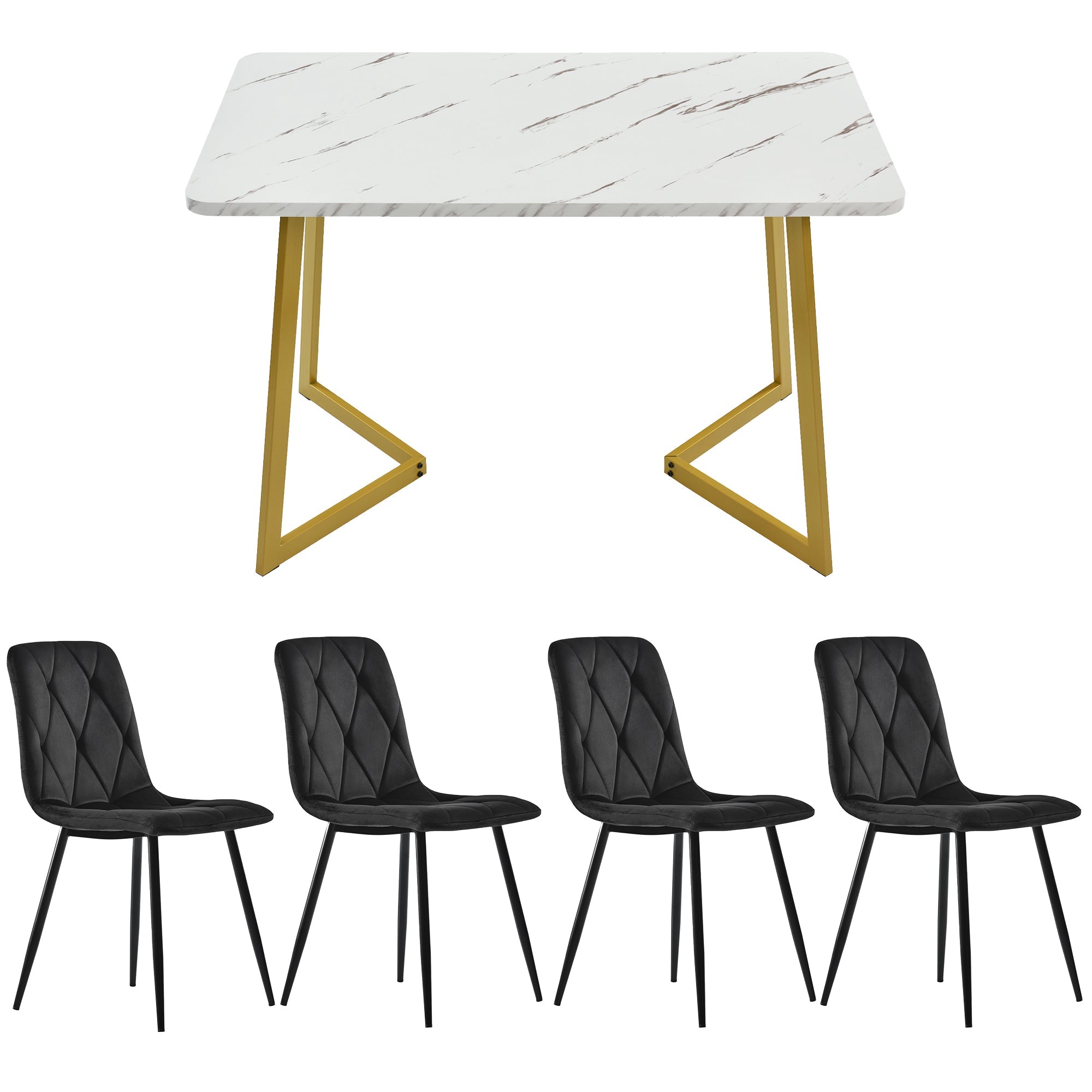 Logidon eetgroep 117x68 cm met 4 zwart fluwelen stoelen en gouden poten