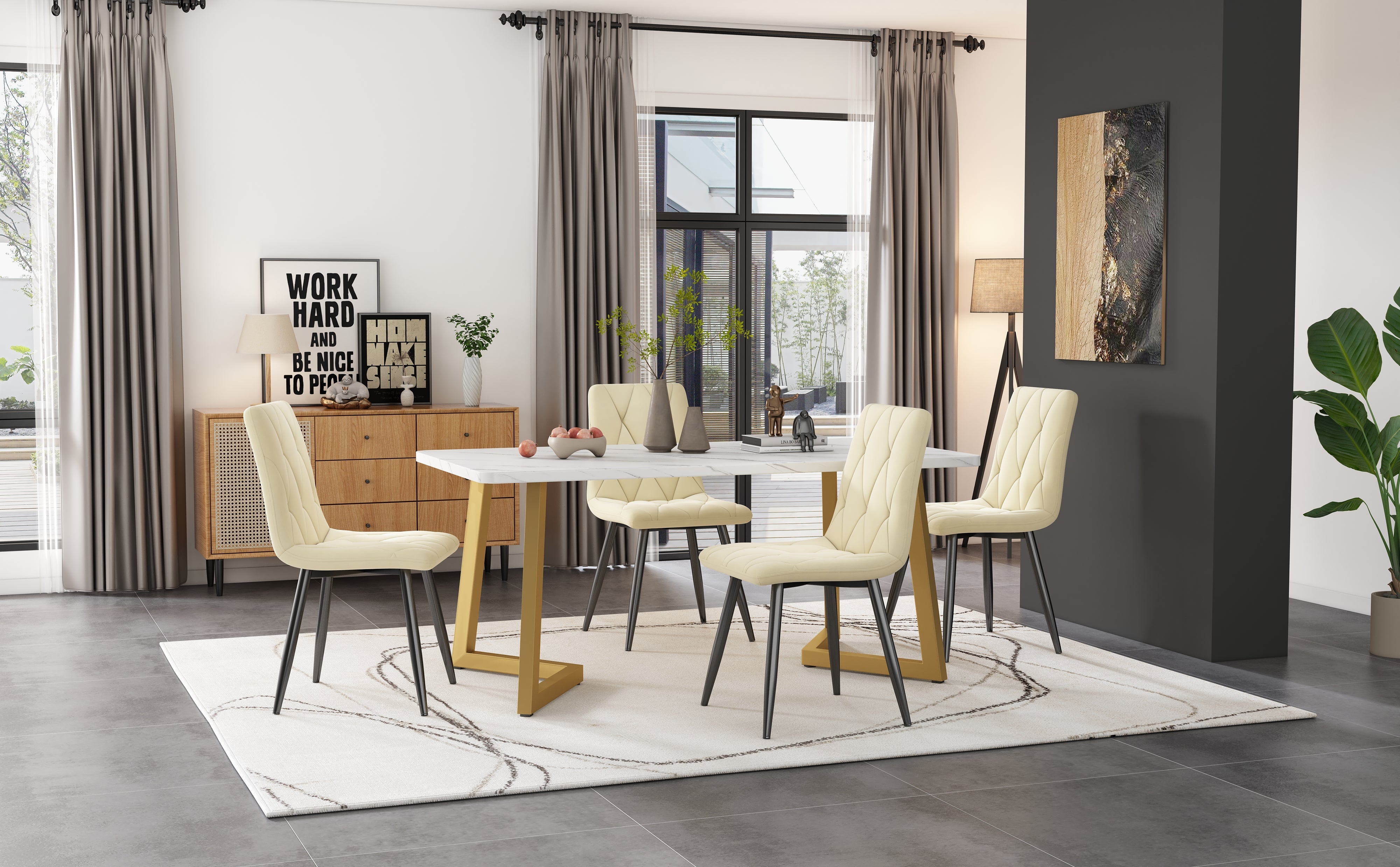 Logidon eetgroep 117x68 cm eettafelset beige twill fluwelen stoelen gouden poten