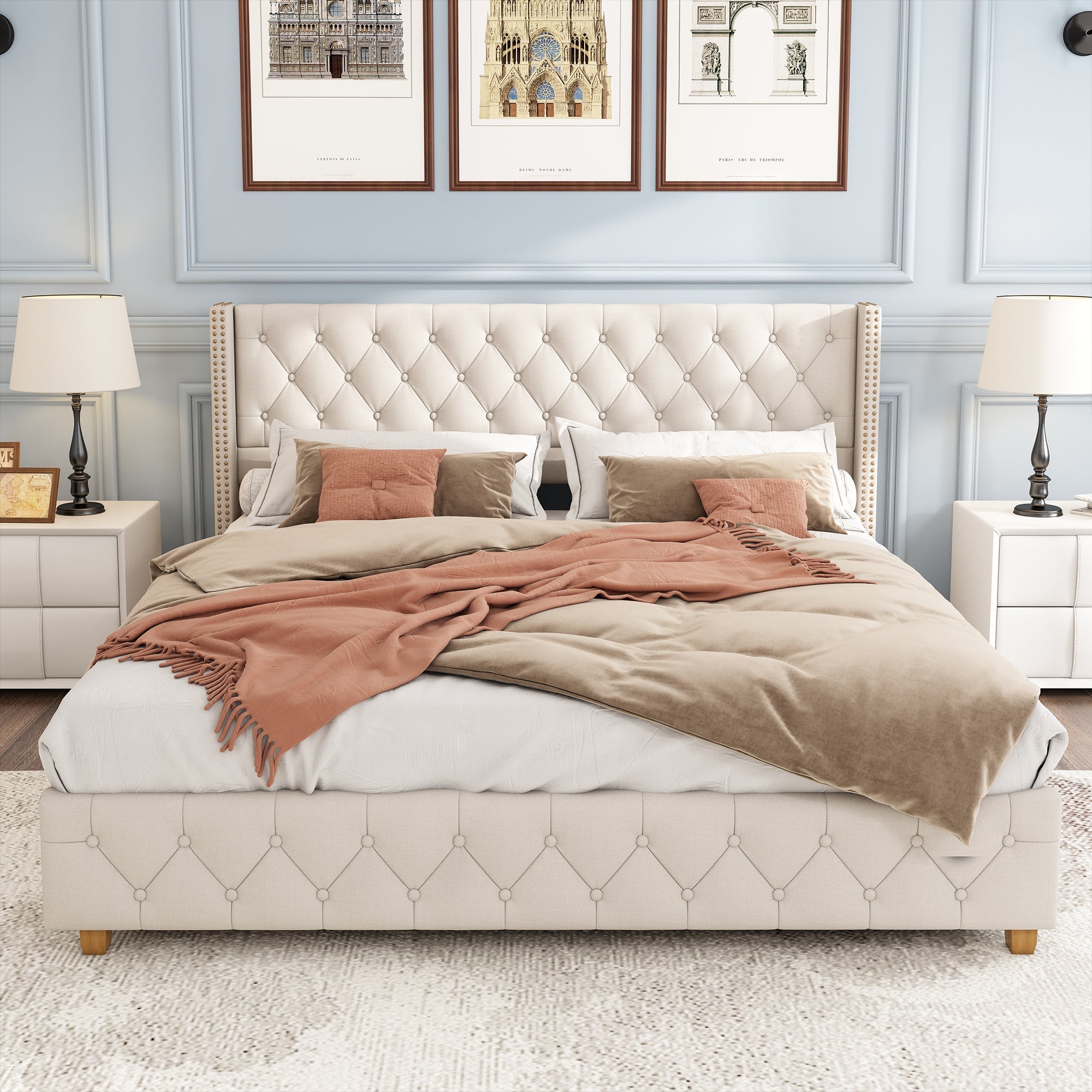 Logidon gestoffeerd bed 160x200cm beige met lattenbodem knoopbekleding