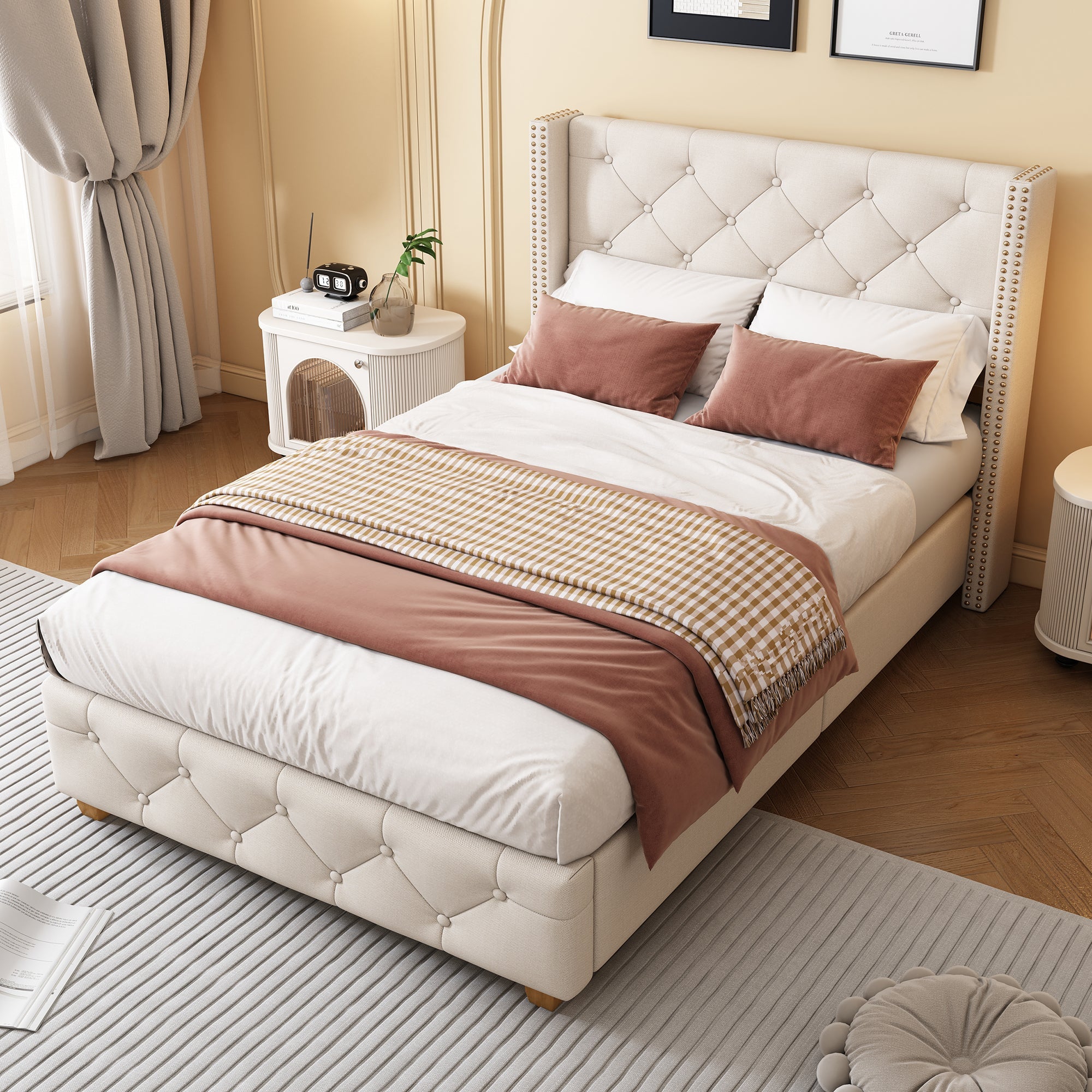 Logidon upholstered bed 90x200 cm beige with button upholstery