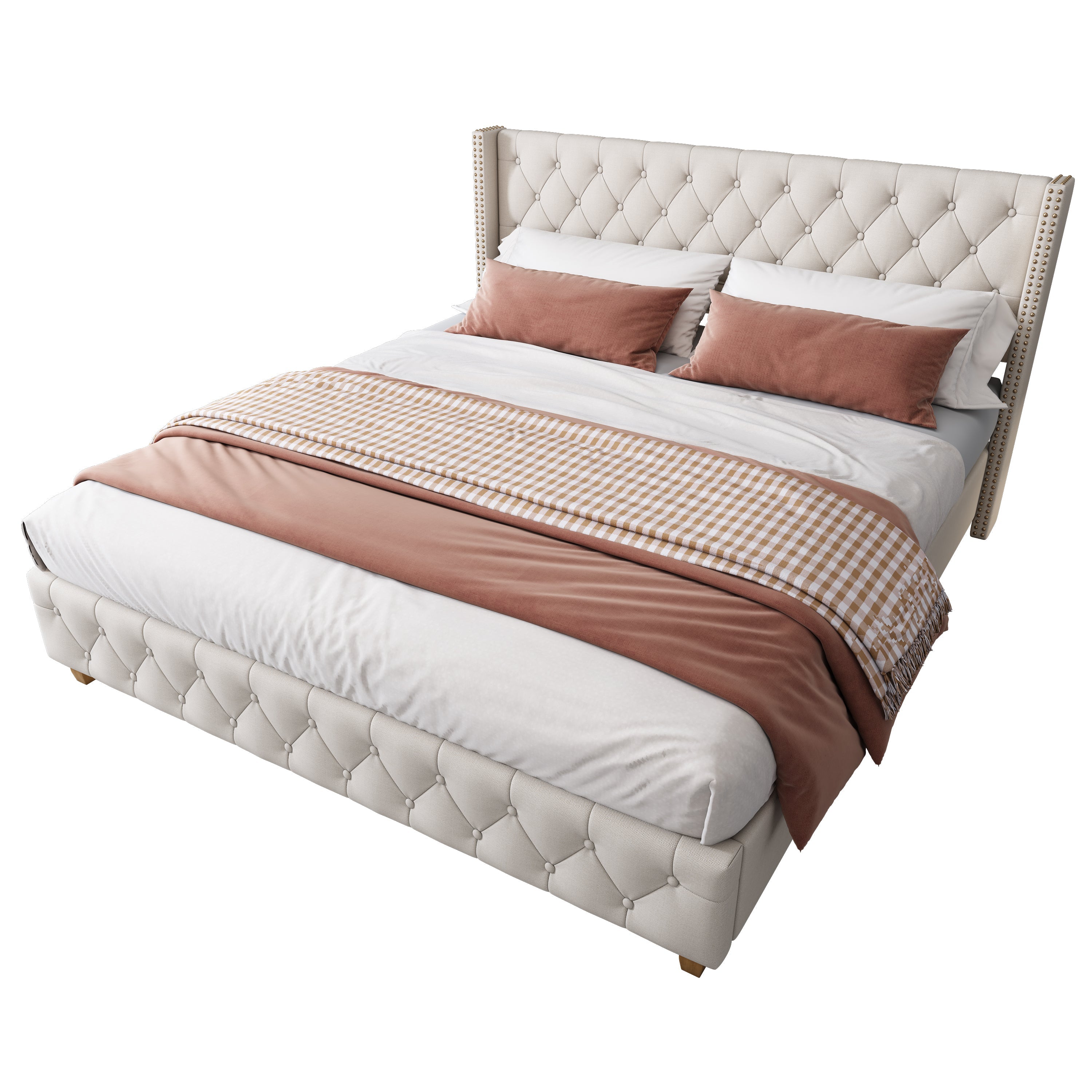 Logidon stoffen bed 140x190 cm beige met lattenbodem hoofdeinde