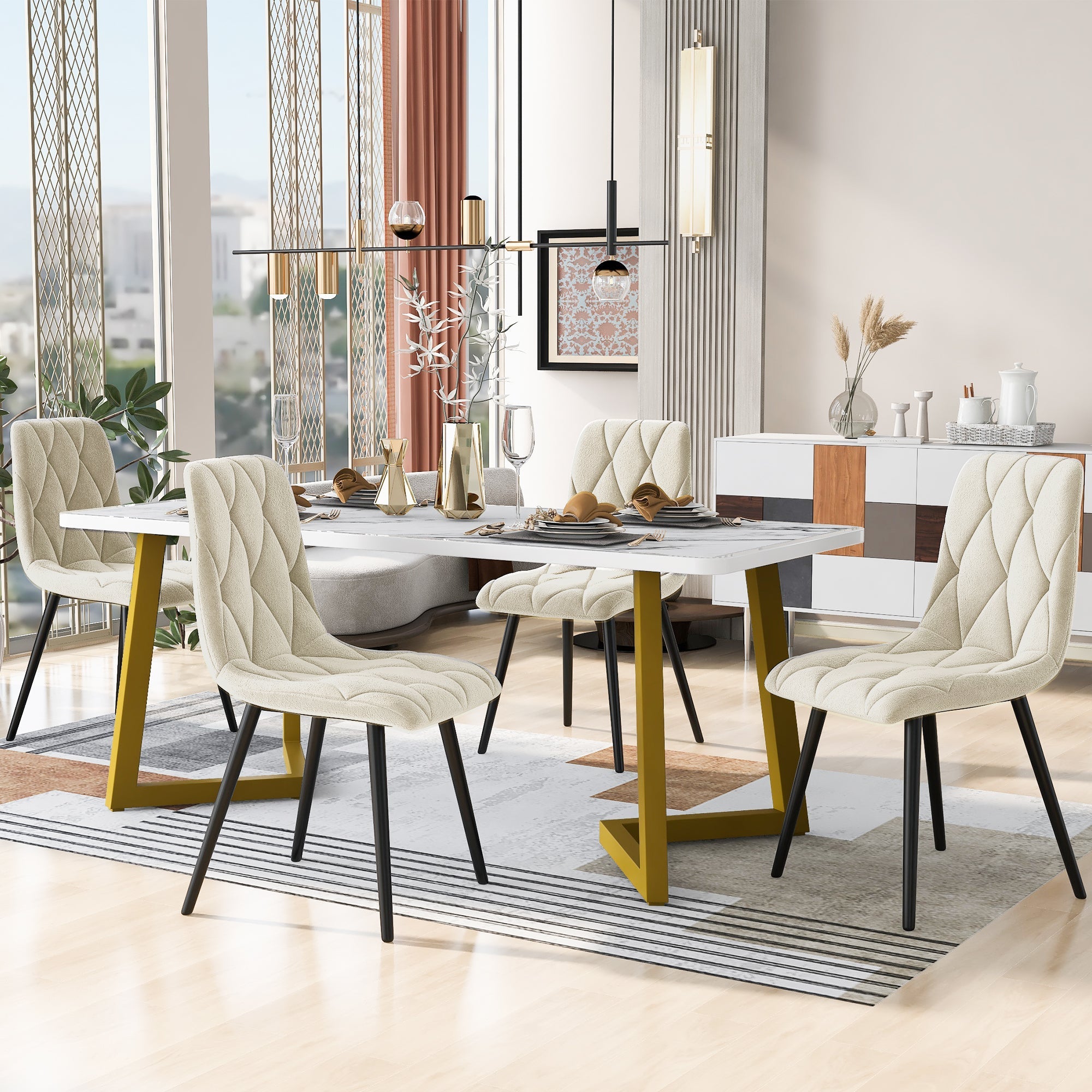 Logidon eetgroep 117x68 cm eettafelset beige twill fluwelen stoelen gouden poten