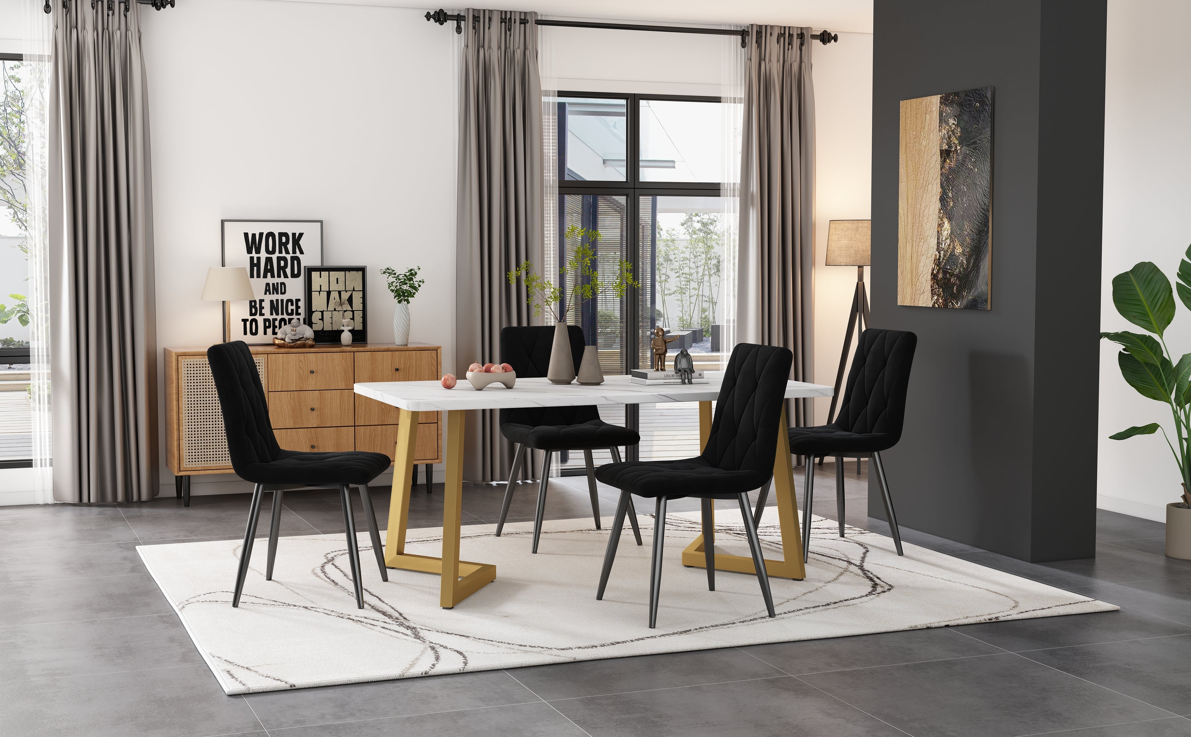 Logidon eetgroep 117x68 cm met 4 zwart fluwelen stoelen en gouden poten