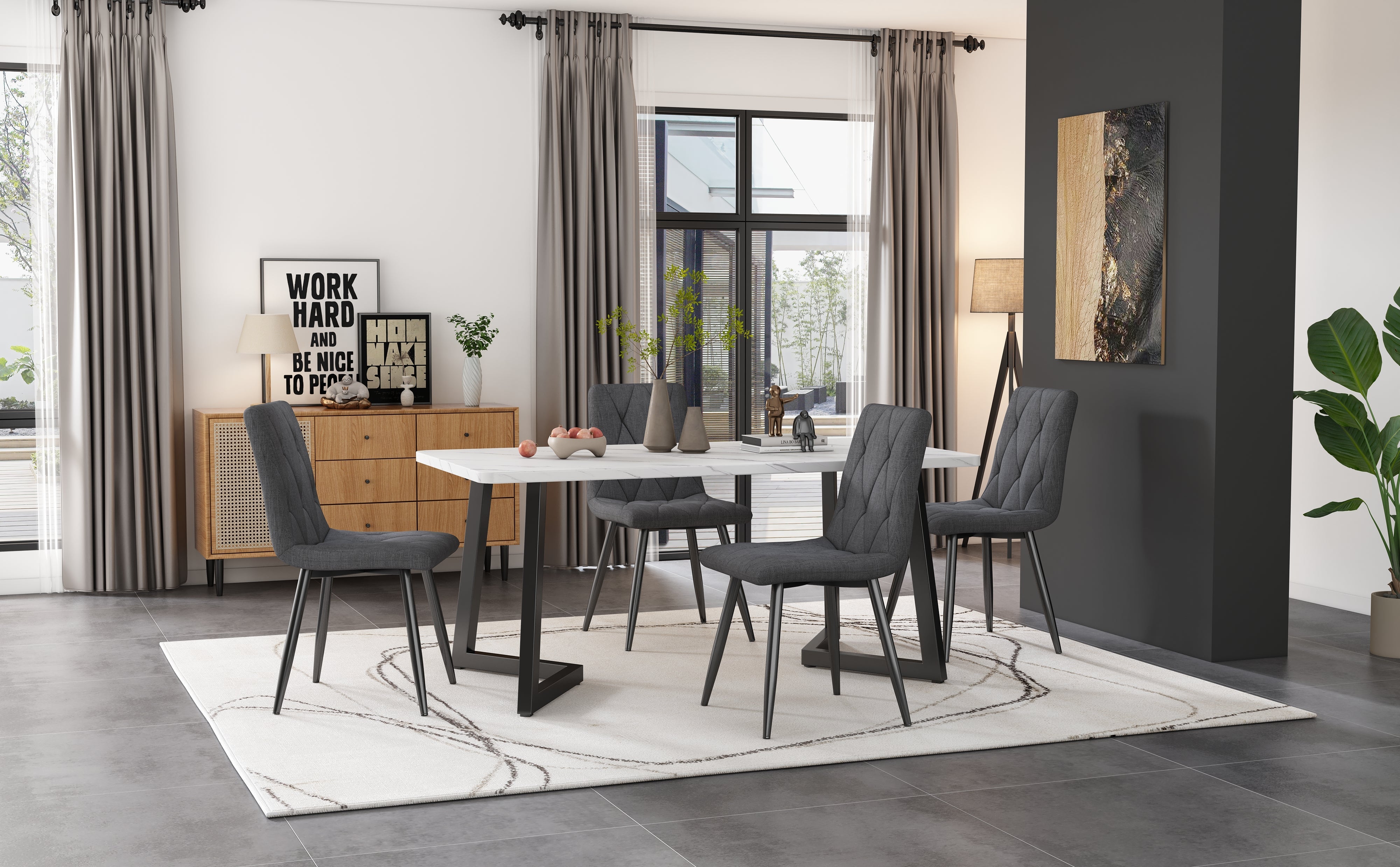 Logidon Dining Table Set 117 x 68 cm Dark Gray Twill Chairs Black Legs