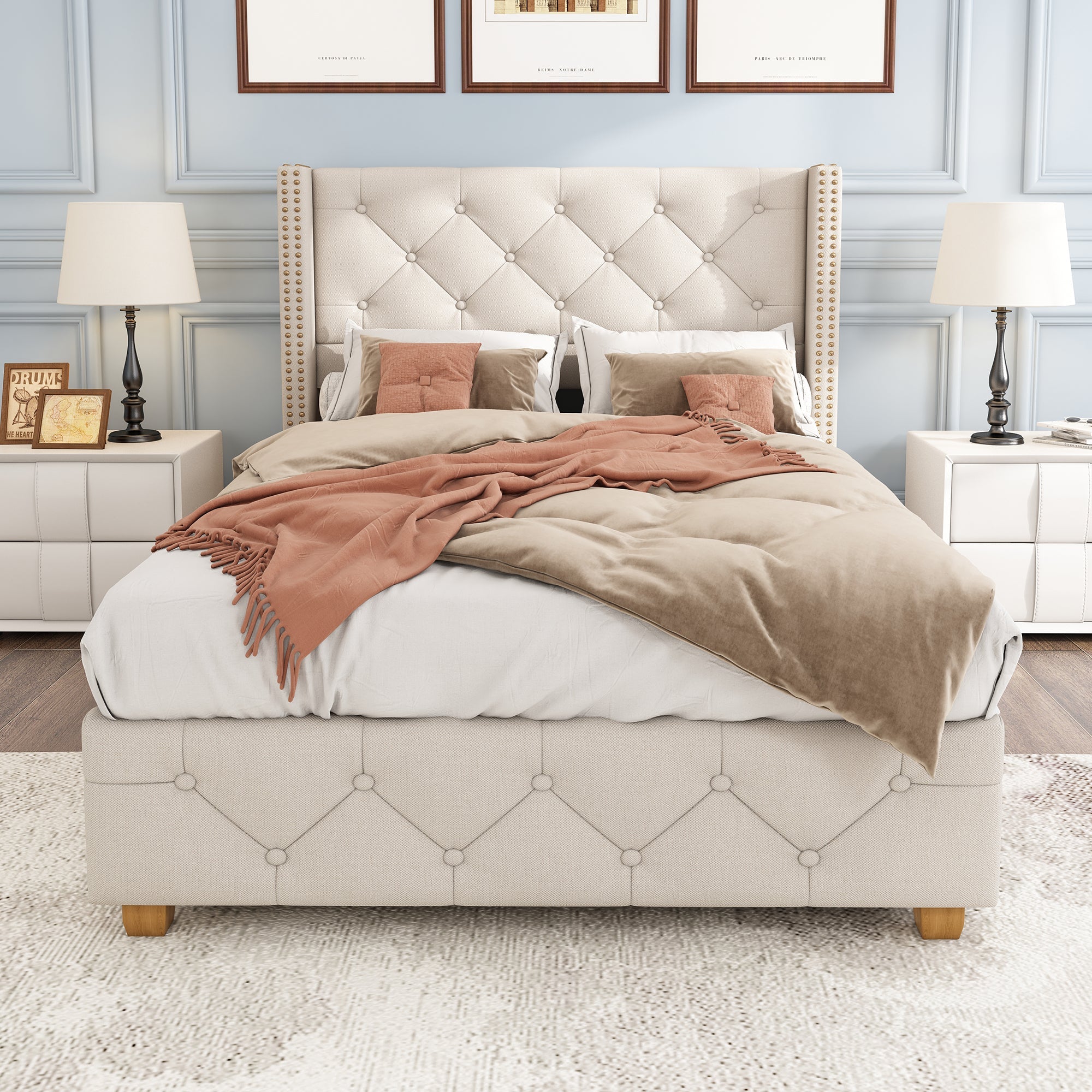 Logidon upholstered bed 90x200 cm beige with button upholstery