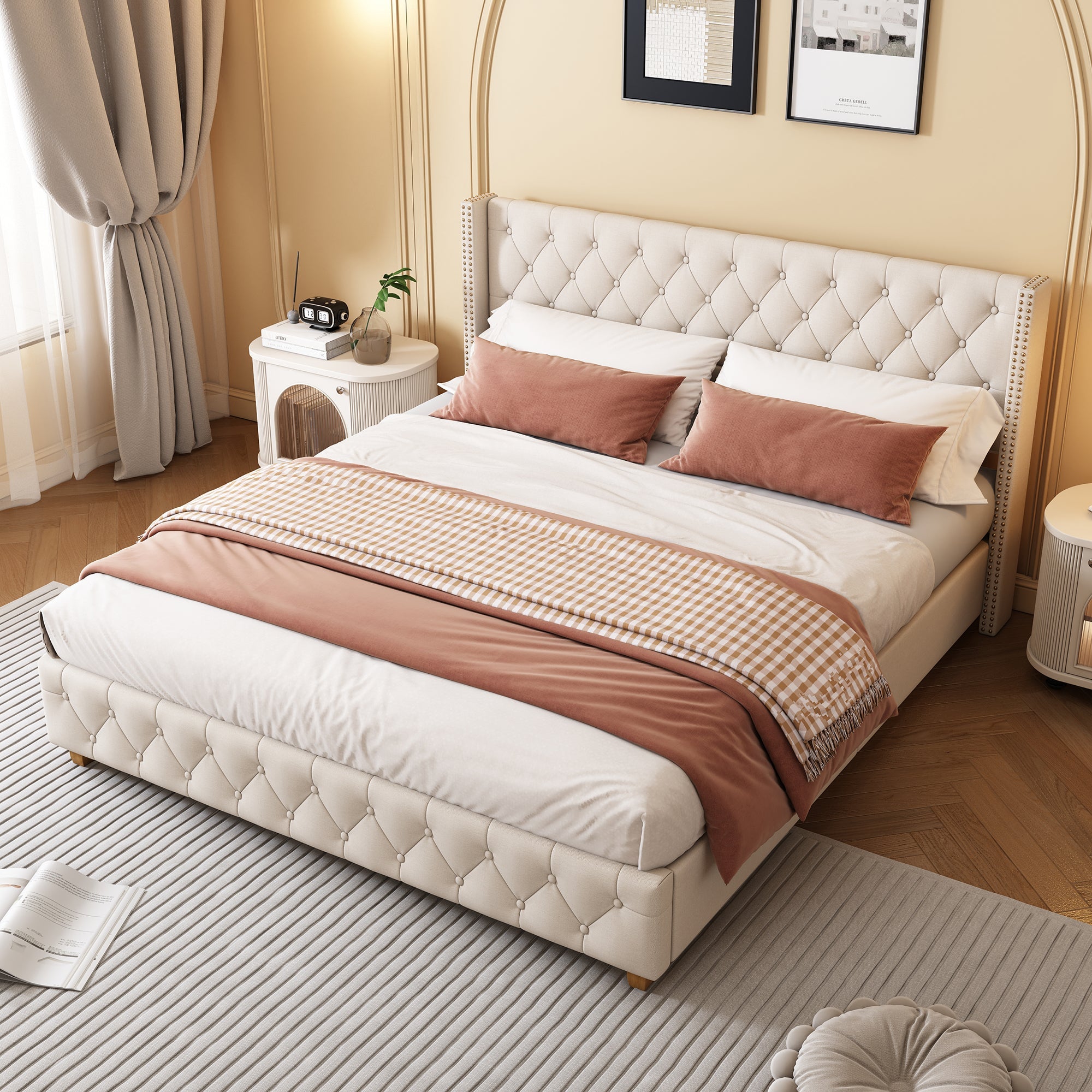 Logidon gestoffeerd bed 160x200cm beige met lattenbodem knoopbekleding