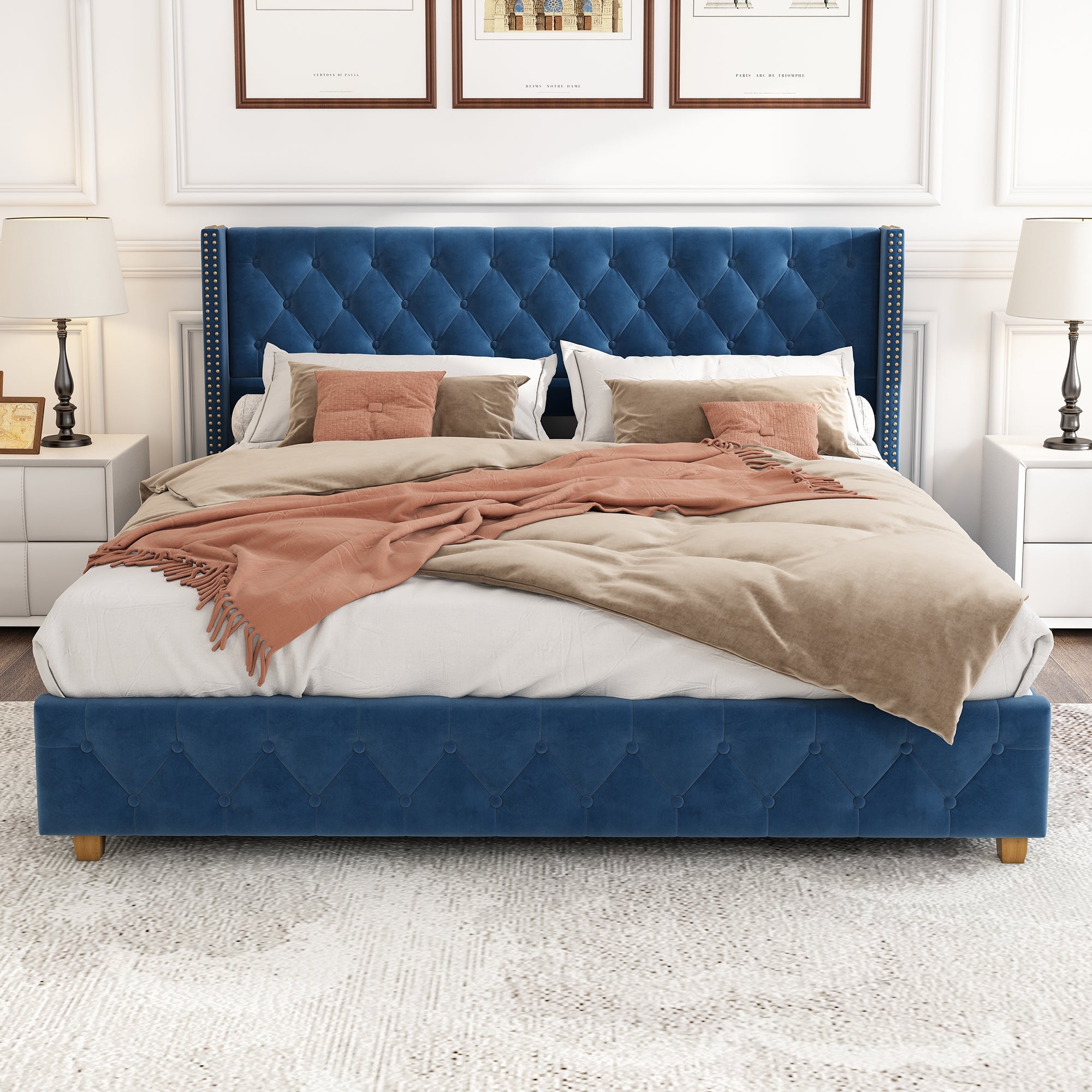 Logidon upholstered bed 160x200 cm blue velvet button upholstery slatted frame