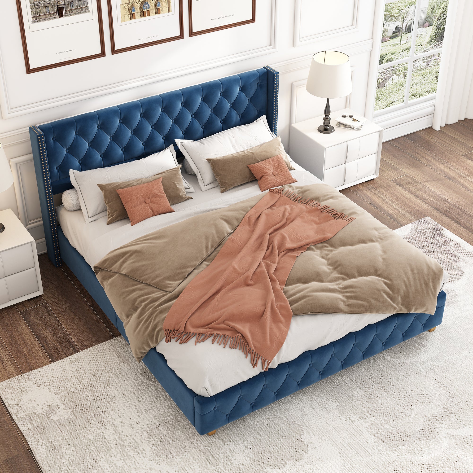 Logidon upholstered bed 160x200 cm blue velvet button upholstery slatted frame