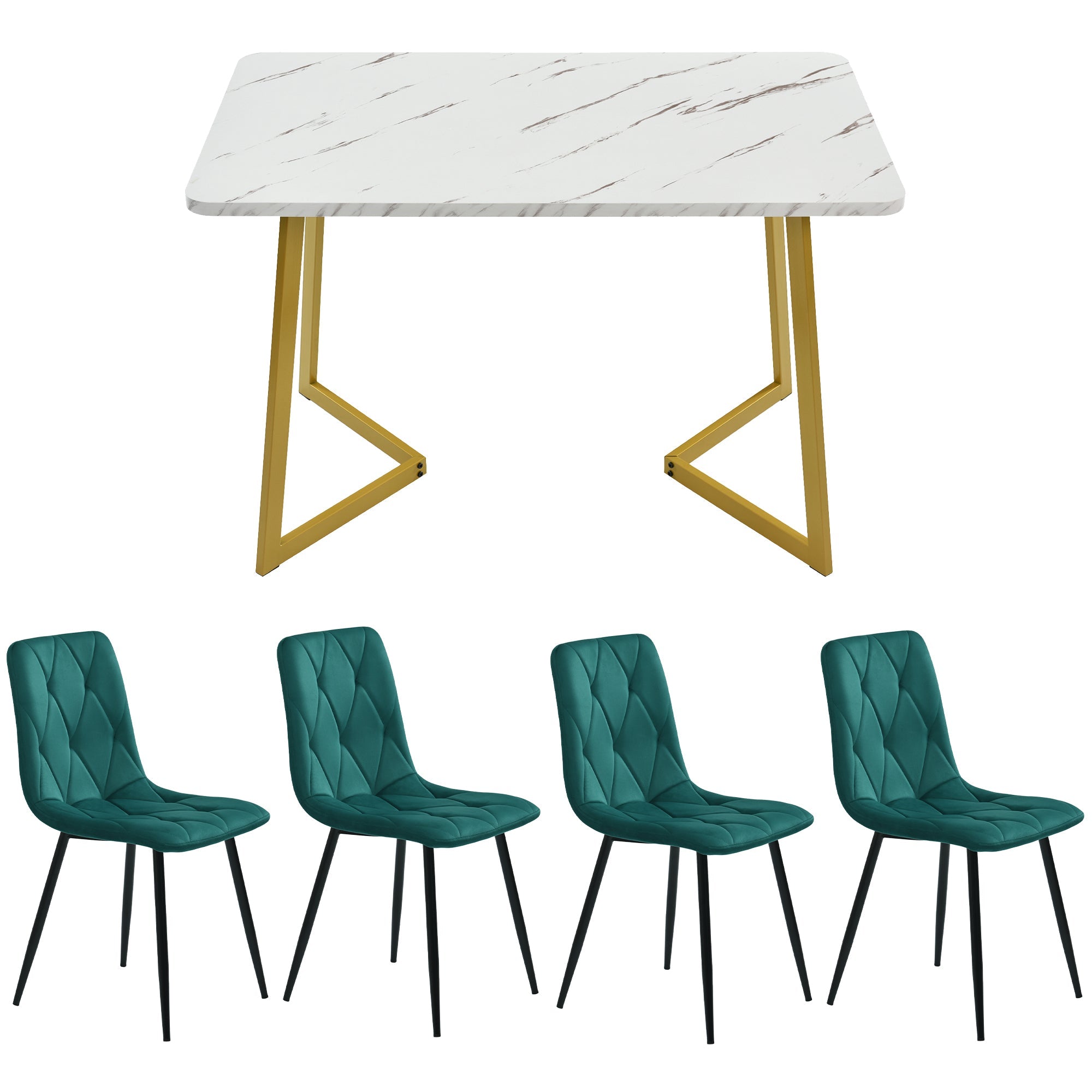 Logidon eetgroep 117x68 cm met donkergroene fluwelen stoelen en gouden tafelpoten