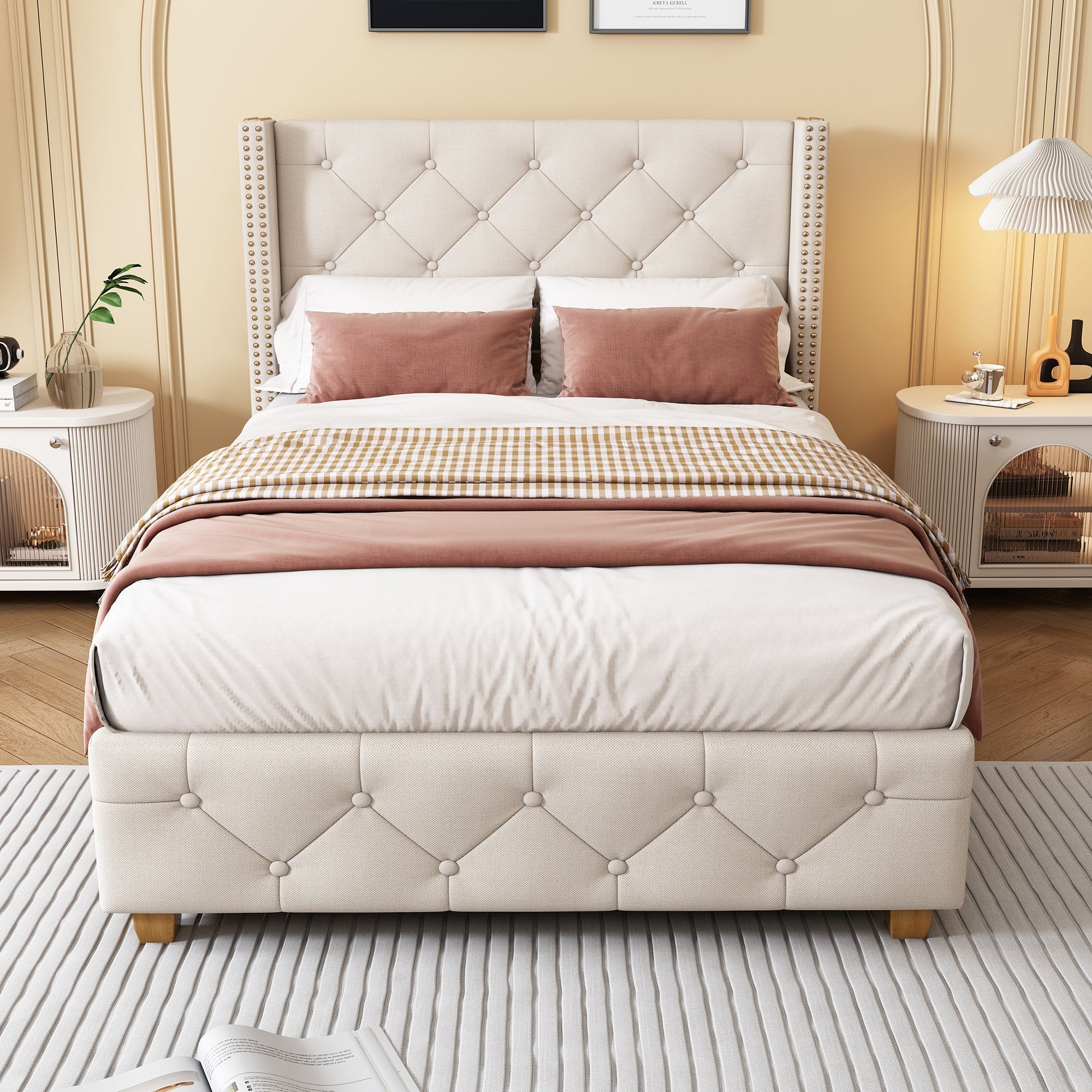 Logidon upholstered bed 90x200 cm beige with button upholstery