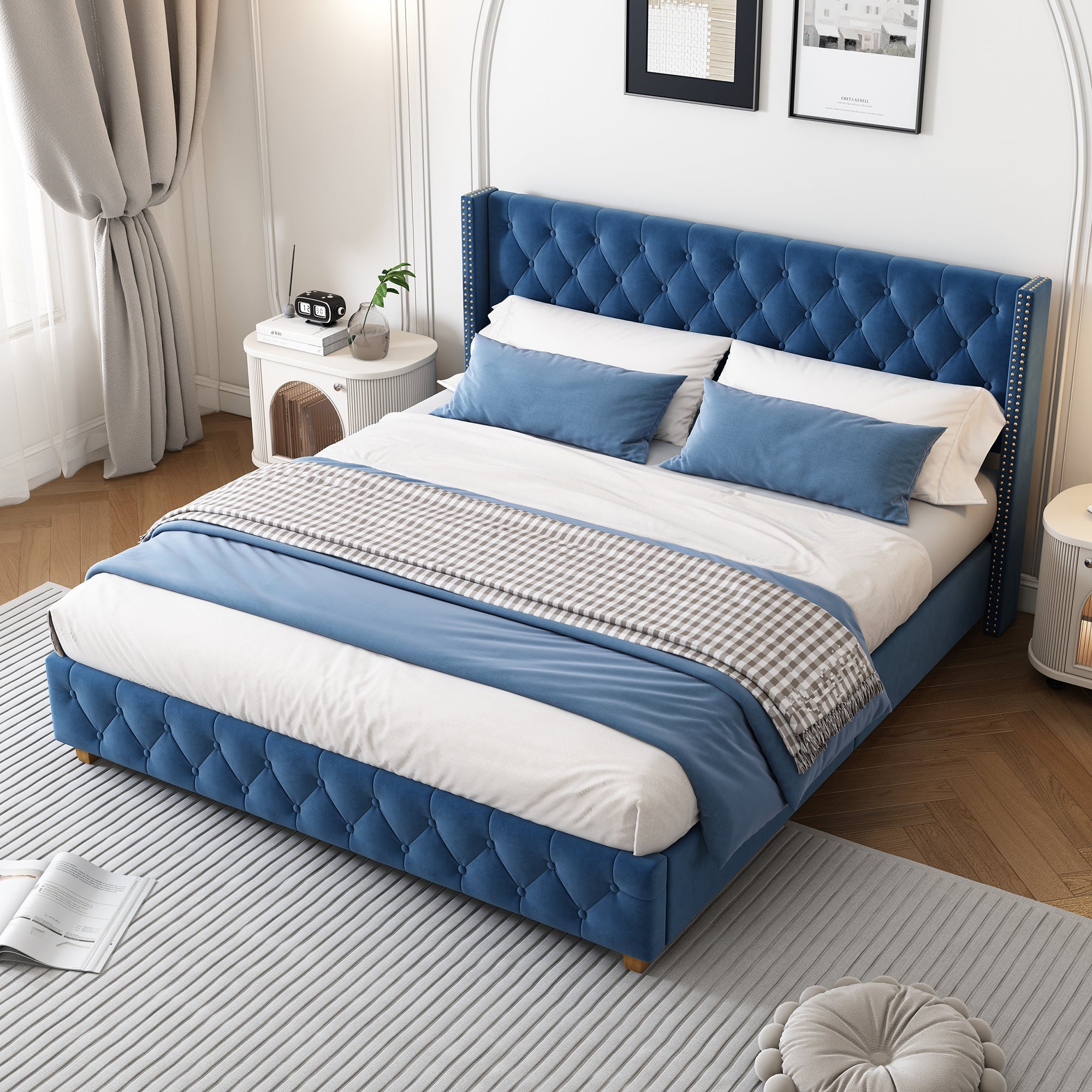 Logidon upholstered bed 160x200 cm blue velvet button upholstery slatted frame