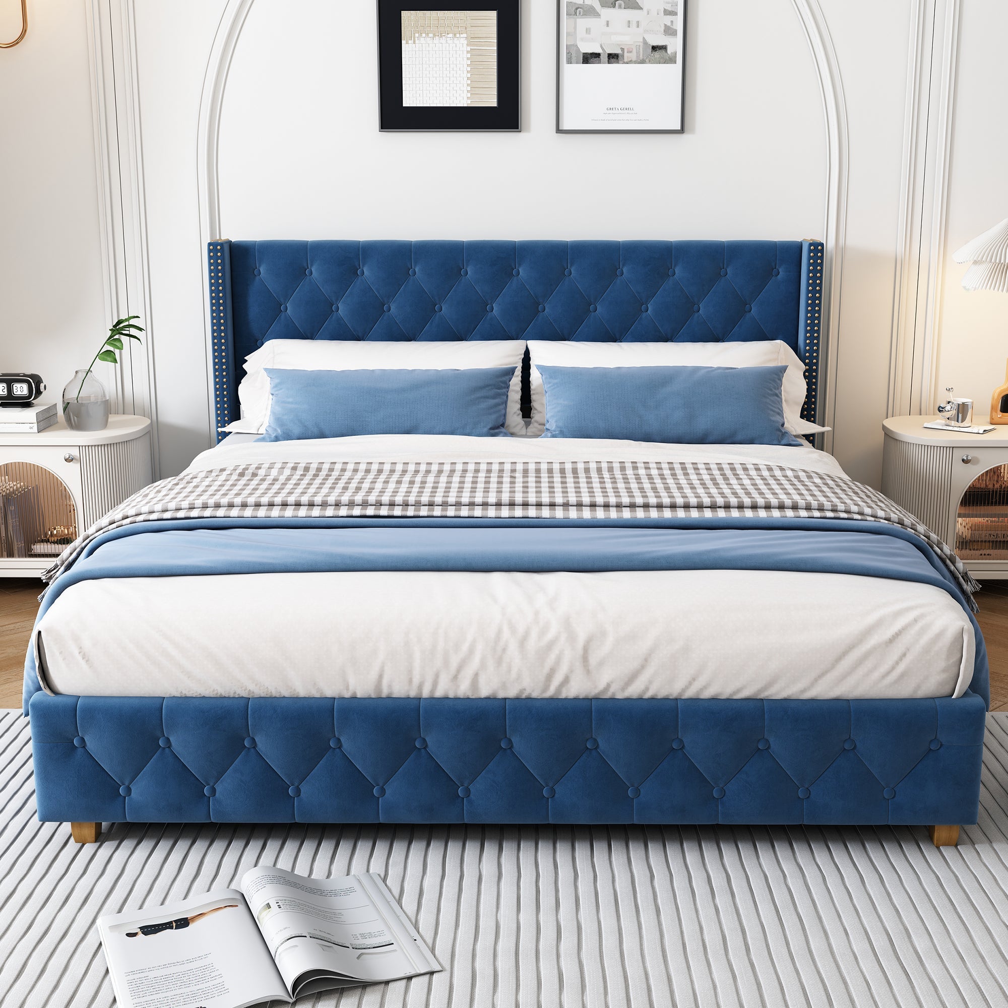 Logidon upholstered bed 160x200 cm blue velvet button upholstery slatted frame