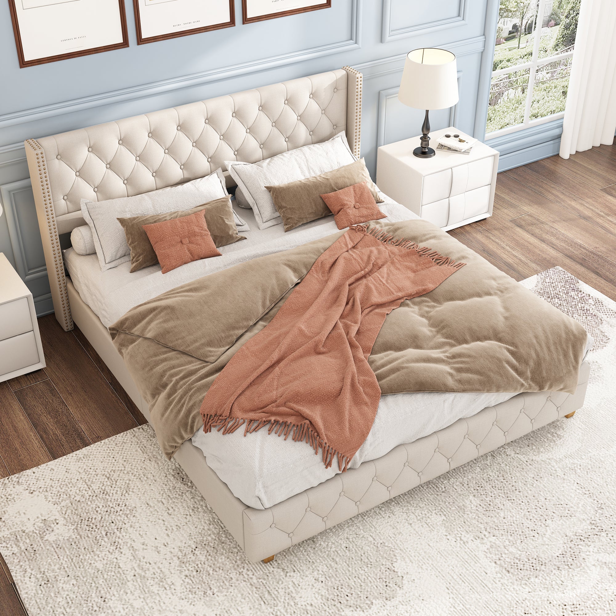 Logidon stoffen bed 140x190 cm beige met lattenbodem hoofdeinde