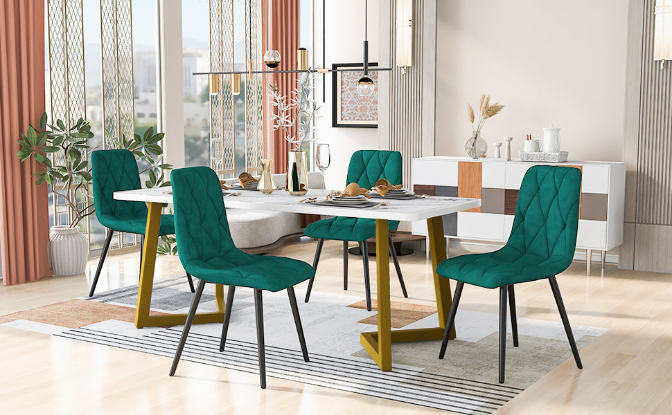 Logidon eetgroep 117x68 cm met donkergroene fluwelen stoelen en gouden tafelpoten