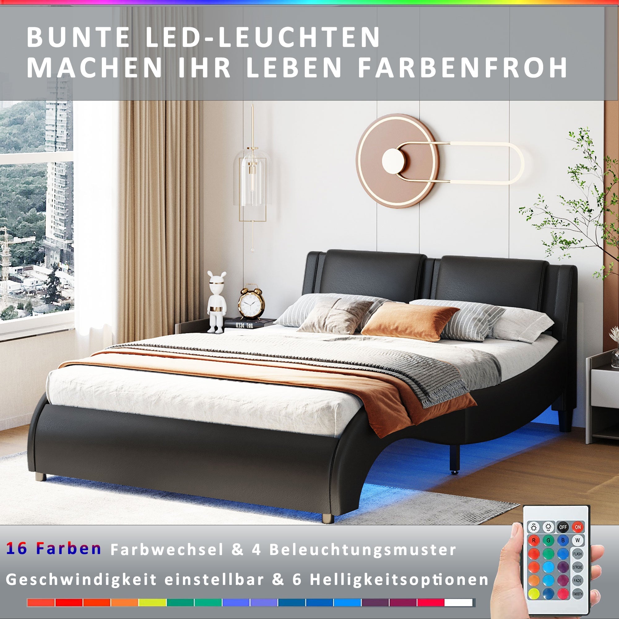 Logidon gestoffeerd bed 140x200cm zwart LED-licht bedframe