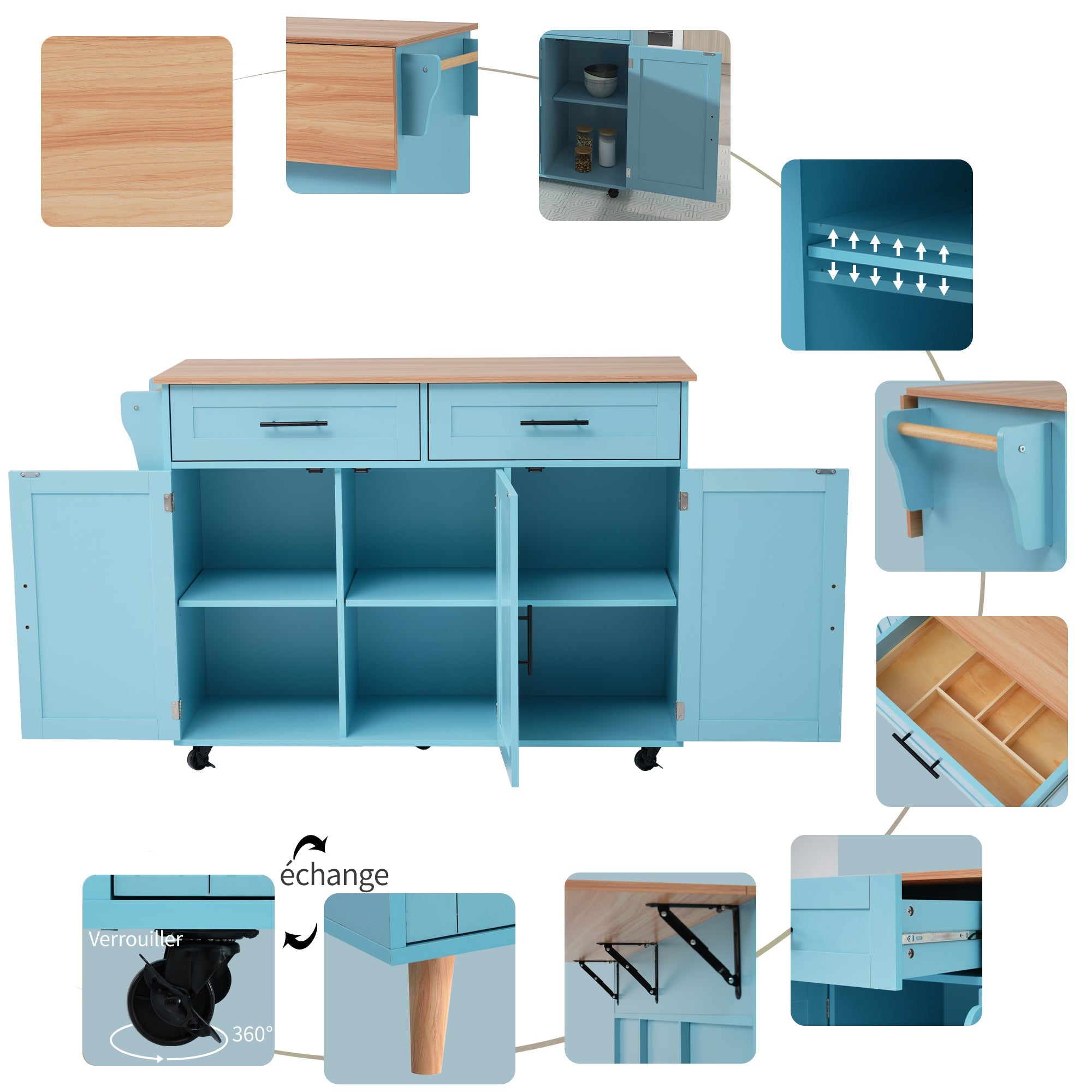 Logidon Restauratiewagen Dressoir Blauw 129x46(71)x91,5 cm met aanschuiftafel