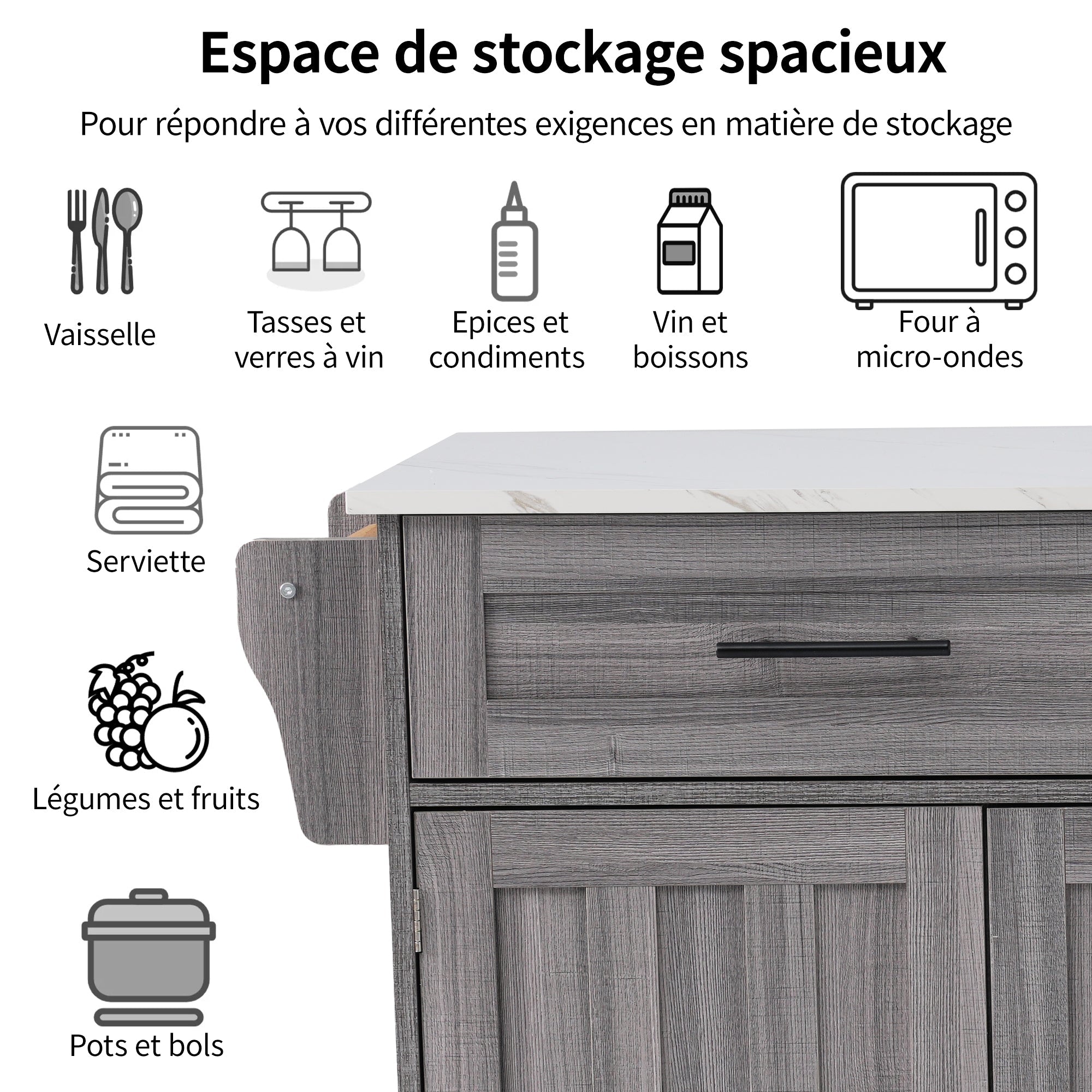Logidon Kitchen Island with Wheels Extendable Worktop White Marble