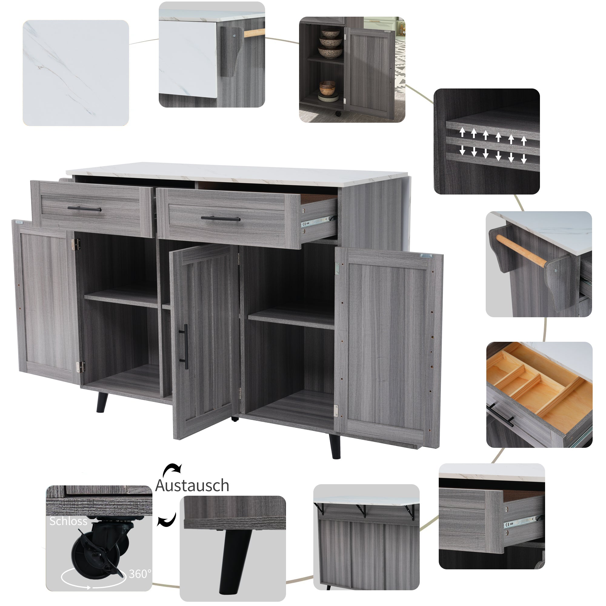 Logidon Eettafel Trolley Met Opklapbaar Blad 129x46x91,5 Wit Kaki Grijs