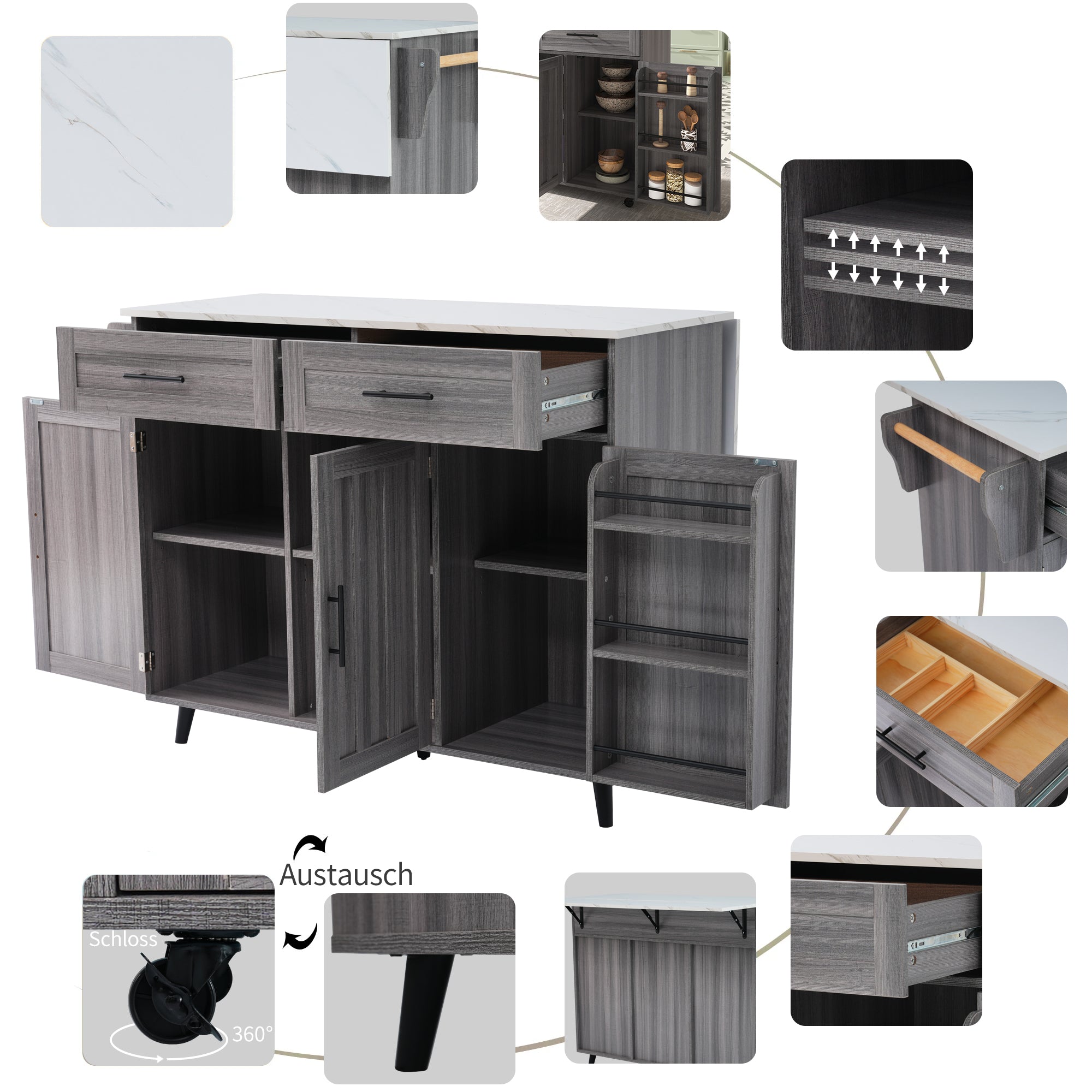 Logidon Kitchen Island with Wheels Extendable Worktop White Marble