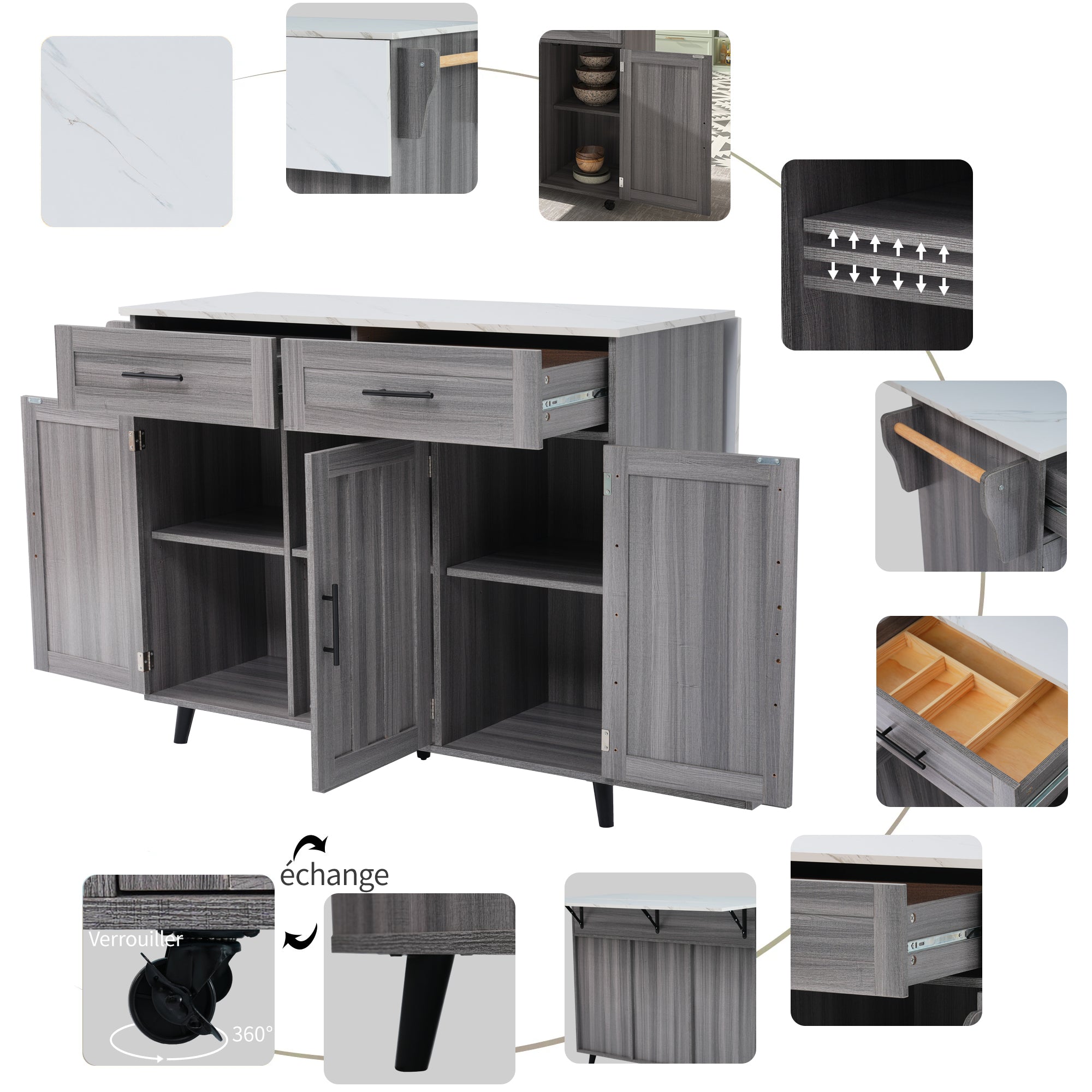 Logidon Eettafel Trolley Met Opklapbaar Blad 129x46x91,5 Wit Kaki Grijs