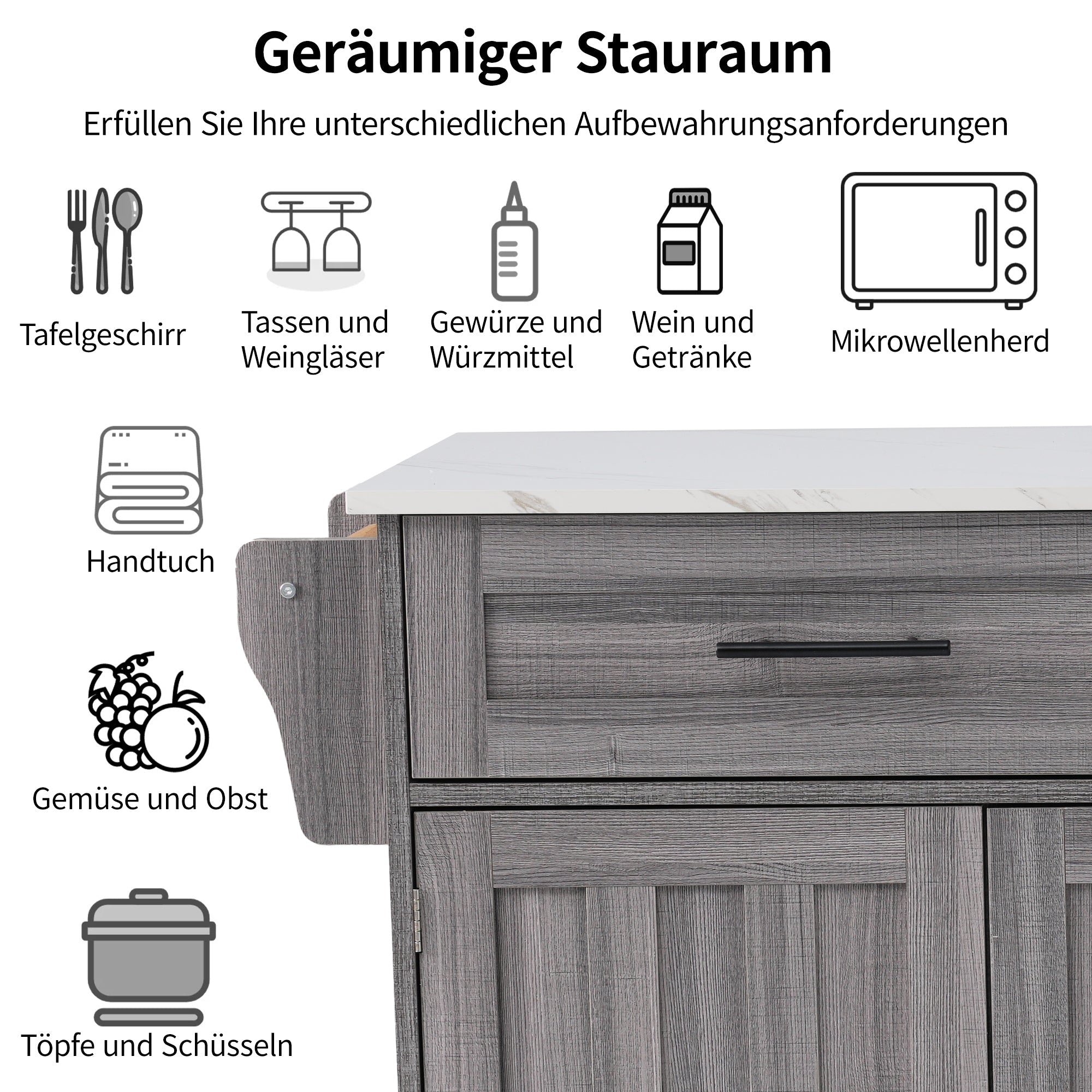 Logidon Kitchen Island with Wheels Extendable Worktop White Marble